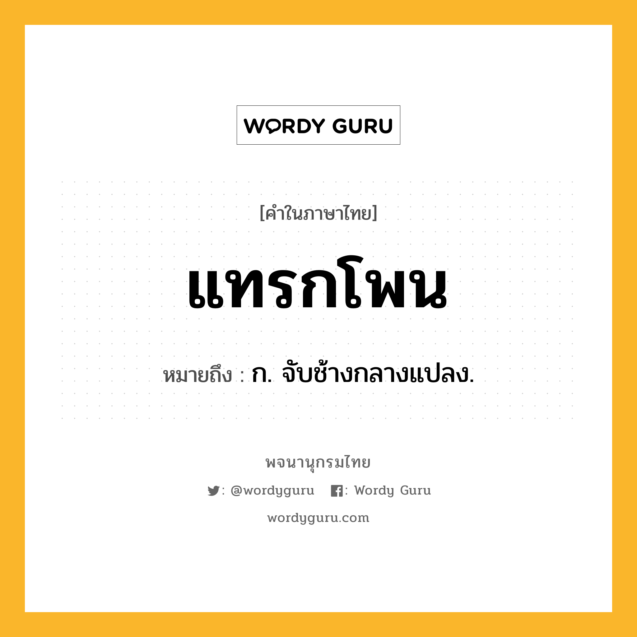 แทรกโพน ความหมาย หมายถึงอะไร?, คำในภาษาไทย แทรกโพน หมายถึง ก. จับช้างกลางแปลง.