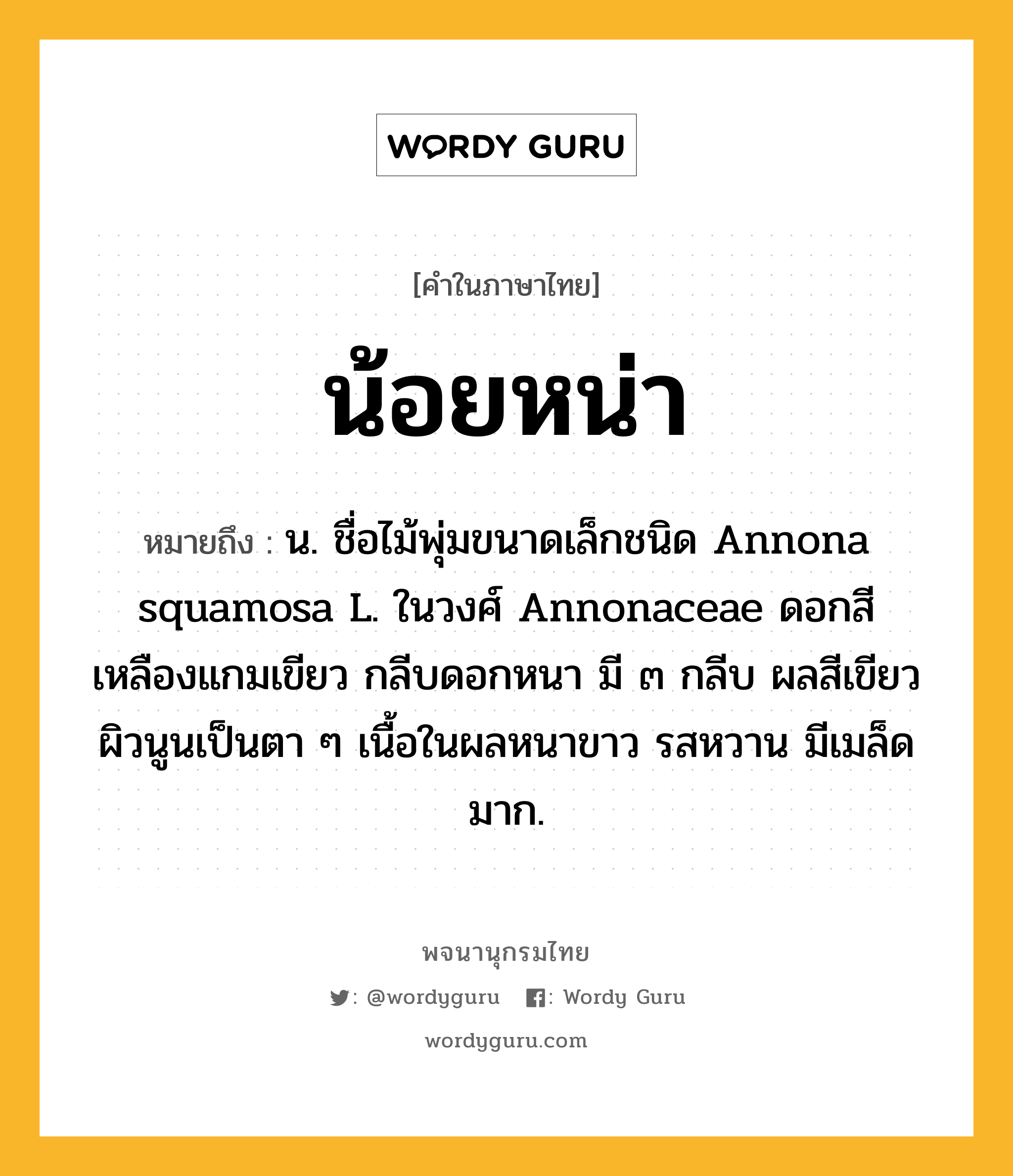 น้อยหน่า ความหมาย หมายถึงอะไร?, คำในภาษาไทย น้อยหน่า หมายถึง น. ชื่อไม้พุ่มขนาดเล็กชนิด Annona squamosa L. ในวงศ์ Annonaceae ดอกสีเหลืองแกมเขียว กลีบดอกหนา มี ๓ กลีบ ผลสีเขียว ผิวนูนเป็นตา ๆ เนื้อในผลหนาขาว รสหวาน มีเมล็ดมาก.