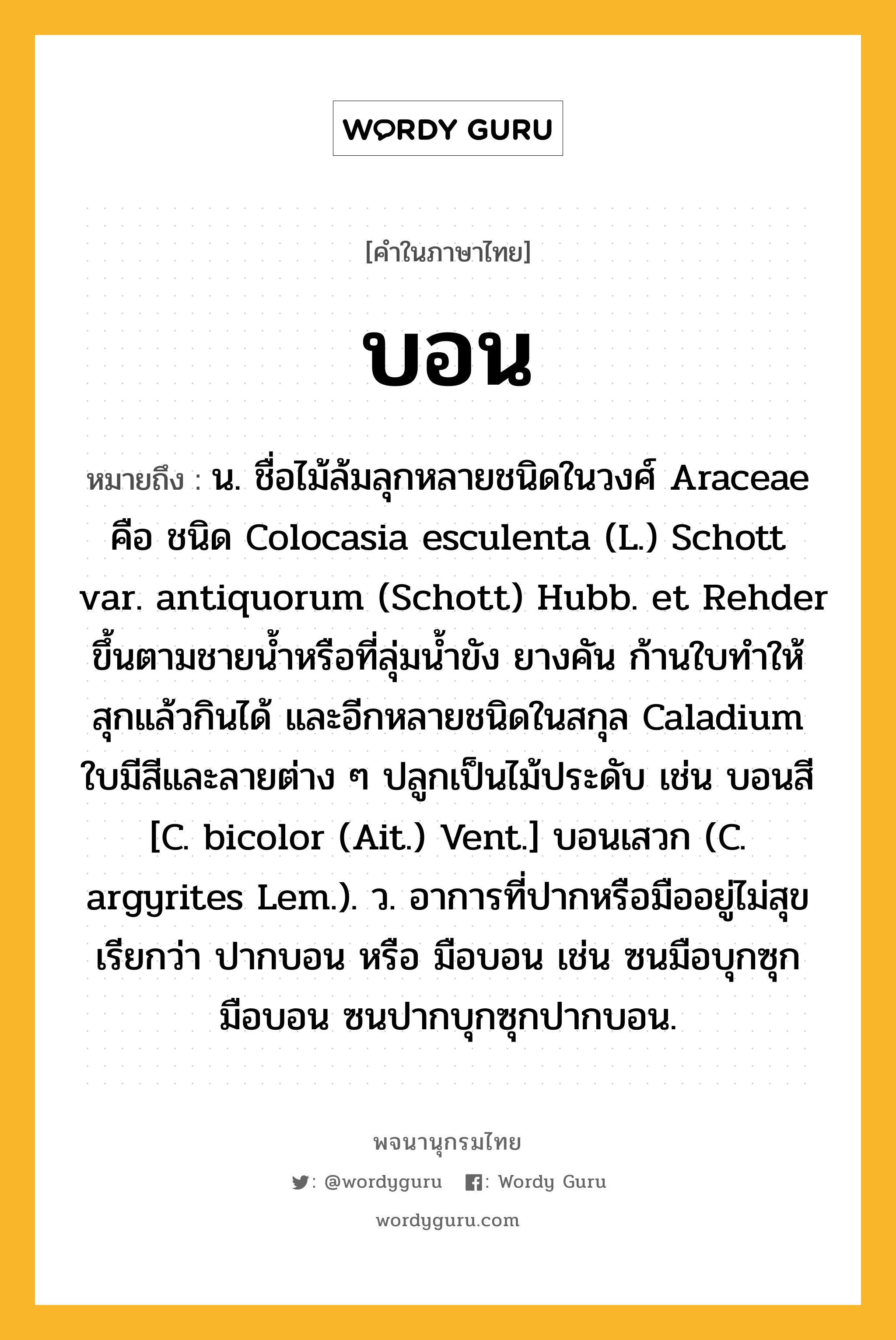 บอน ความหมาย หมายถึงอะไร?, คำในภาษาไทย บอน หมายถึง น. ชื่อไม้ล้มลุกหลายชนิดในวงศ์ Araceae คือ ชนิด Colocasia esculenta (L.) Schott var. antiquorum (Schott) Hubb. et Rehder ขึ้นตามชายนํ้าหรือที่ลุ่มนํ้าขัง ยางคัน ก้านใบทําให้สุกแล้วกินได้ และอีกหลายชนิดในสกุล Caladium ใบมีสีและลายต่าง ๆ ปลูกเป็นไม้ประดับ เช่น บอนสี [C. bicolor (Ait.) Vent.] บอนเสวก (C. argyrites Lem.). ว. อาการที่ปากหรือมืออยู่ไม่สุข เรียกว่า ปากบอน หรือ มือบอน เช่น ซนมือบุกซุกมือบอน ซนปากบุกซุกปากบอน.