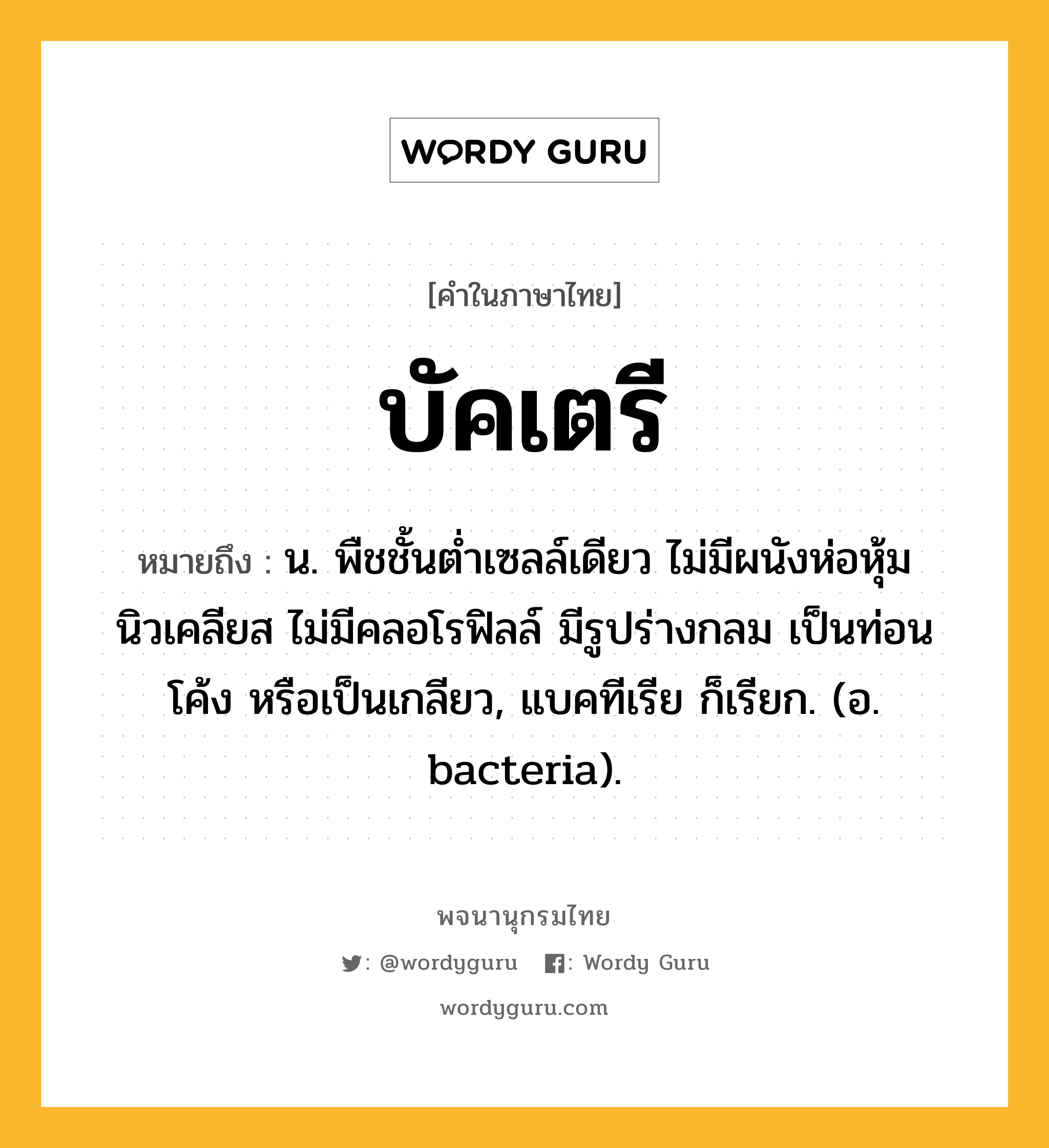 บัคเตรี ความหมาย หมายถึงอะไร?, คำในภาษาไทย บัคเตรี หมายถึง น. พืชชั้นตํ่าเซลล์เดียว ไม่มีผนังห่อหุ้มนิวเคลียส ไม่มีคลอโรฟิลล์ มีรูปร่างกลม เป็นท่อน โค้ง หรือเป็นเกลียว, แบคทีเรีย ก็เรียก. (อ. bacteria).