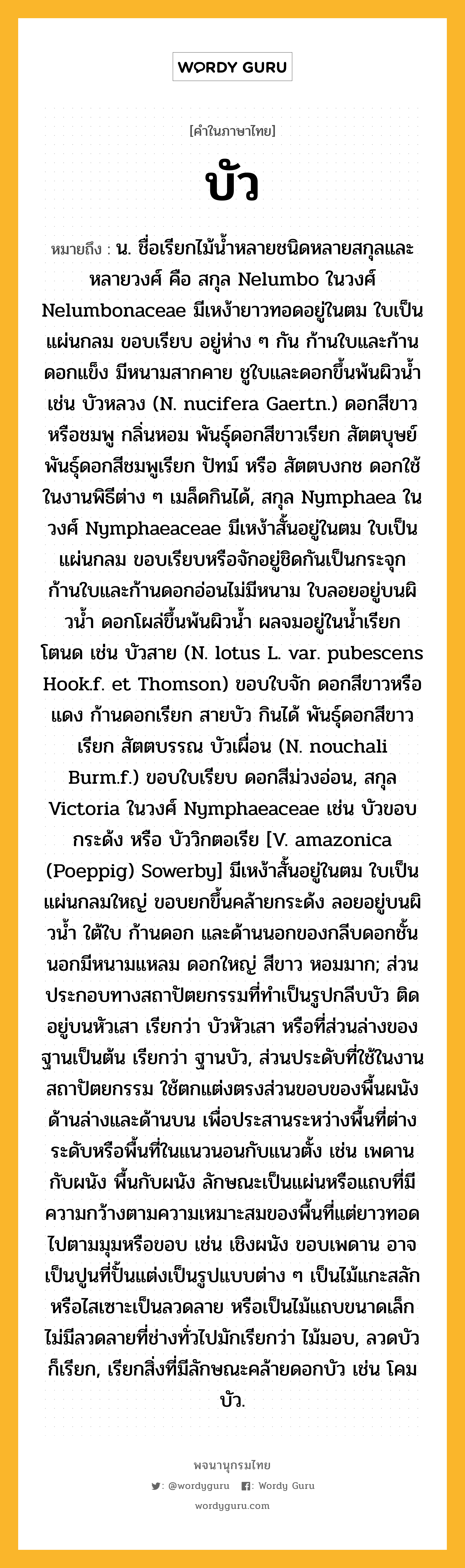 บัว ความหมาย หมายถึงอะไร?, คำในภาษาไทย บัว หมายถึง น. ชื่อเรียกไม้นํ้าหลายชนิดหลายสกุลและหลายวงศ์ คือ สกุล Nelumbo ในวงศ์ Nelumbonaceae มีเหง้ายาวทอดอยู่ในตม ใบเป็นแผ่นกลม ขอบเรียบ อยู่ห่าง ๆ กัน ก้านใบและก้านดอกแข็ง มีหนามสากคาย ชูใบและดอกขึ้นพ้นผิวนํ้า เช่น บัวหลวง (N. nucifera Gaertn.) ดอกสีขาวหรือชมพู กลิ่นหอม พันธุ์ดอกสีขาวเรียก สัตตบุษย์ พันธุ์ดอกสีชมพูเรียก ปัทม์ หรือ สัตตบงกช ดอกใช้ในงานพิธีต่าง ๆ เมล็ดกินได้, สกุล Nymphaea ในวงศ์ Nymphaeaceae มีเหง้าสั้นอยู่ในตม ใบเป็นแผ่นกลม ขอบเรียบหรือจักอยู่ชิดกันเป็นกระจุก ก้านใบและก้านดอกอ่อนไม่มีหนาม ใบลอยอยู่บนผิวนํ้า ดอกโผล่ขึ้นพ้นผิวนํ้า ผลจมอยู่ในนํ้าเรียก โตนด เช่น บัวสาย (N. lotus L. var. pubescens Hook.f. et Thomson) ขอบใบจัก ดอกสีขาวหรือแดง ก้านดอกเรียก สายบัว กินได้ พันธุ์ดอกสีขาวเรียก สัตตบรรณ บัวเผื่อน (N. nouchali Burm.f.) ขอบใบเรียบ ดอกสีม่วงอ่อน, สกุล Victoria ในวงศ์ Nymphaeaceae เช่น บัวขอบกระด้ง หรือ บัววิกตอเรีย [V. amazonica (Poeppig) Sowerby] มีเหง้าสั้นอยู่ในตม ใบเป็นแผ่นกลมใหญ่ ขอบยกขึ้นคล้ายกระด้ง ลอยอยู่บนผิวนํ้า ใต้ใบ ก้านดอก และด้านนอกของกลีบดอกชั้นนอกมีหนามแหลม ดอกใหญ่ สีขาว หอมมาก; ส่วนประกอบทางสถาปัตยกรรมที่ทําเป็นรูปกลีบบัว ติดอยู่บนหัวเสา เรียกว่า บัวหัวเสา หรือที่ส่วนล่างของฐานเป็นต้น เรียกว่า ฐานบัว, ส่วนประดับที่ใช้ในงานสถาปัตยกรรม ใช้ตกแต่งตรงส่วนขอบของพื้นผนังด้านล่างและด้านบน เพื่อประสานระหว่างพื้นที่ต่างระดับหรือพื้นที่ในแนวนอนกับแนวตั้ง เช่น เพดานกับผนัง พื้นกับผนัง ลักษณะเป็นแผ่นหรือแถบที่มีความกว้างตามความเหมาะสมของพื้นที่แต่ยาวทอดไปตามมุมหรือขอบ เช่น เชิงผนัง ขอบเพดาน อาจเป็นปูนที่ปั้นแต่งเป็นรูปแบบต่าง ๆ เป็นไม้แกะสลักหรือไสเซาะเป็นลวดลาย หรือเป็นไม้แถบขนาดเล็กไม่มีลวดลายที่ช่างทั่วไปมักเรียกว่า ไม้มอบ, ลวดบัว ก็เรียก, เรียกสิ่งที่มีลักษณะคล้ายดอกบัว เช่น โคมบัว.