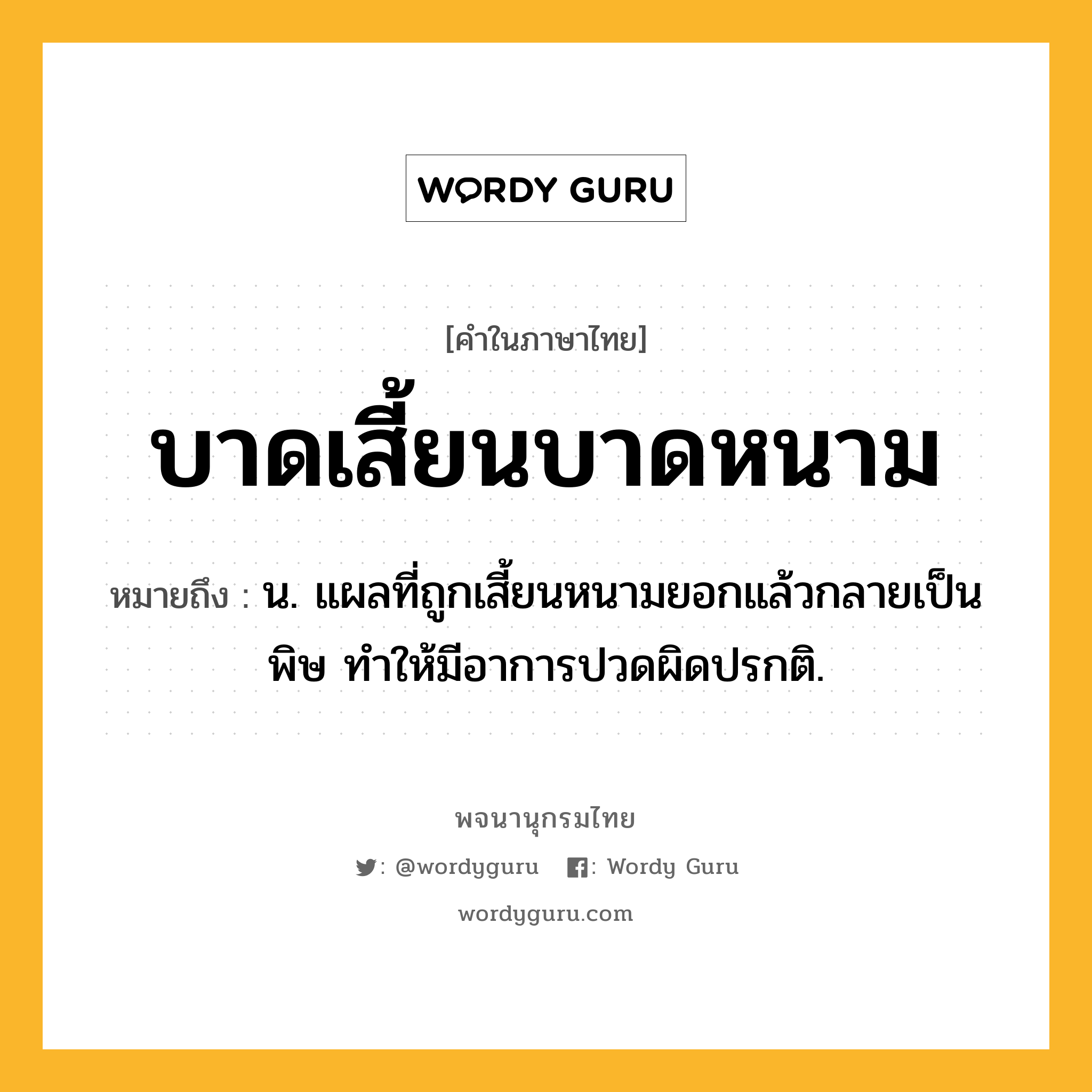 บาดเสี้ยนบาดหนาม ความหมาย หมายถึงอะไร?, คำในภาษาไทย บาดเสี้ยนบาดหนาม หมายถึง น. แผลที่ถูกเสี้ยนหนามยอกแล้วกลายเป็นพิษ ทําให้มีอาการปวดผิดปรกติ.