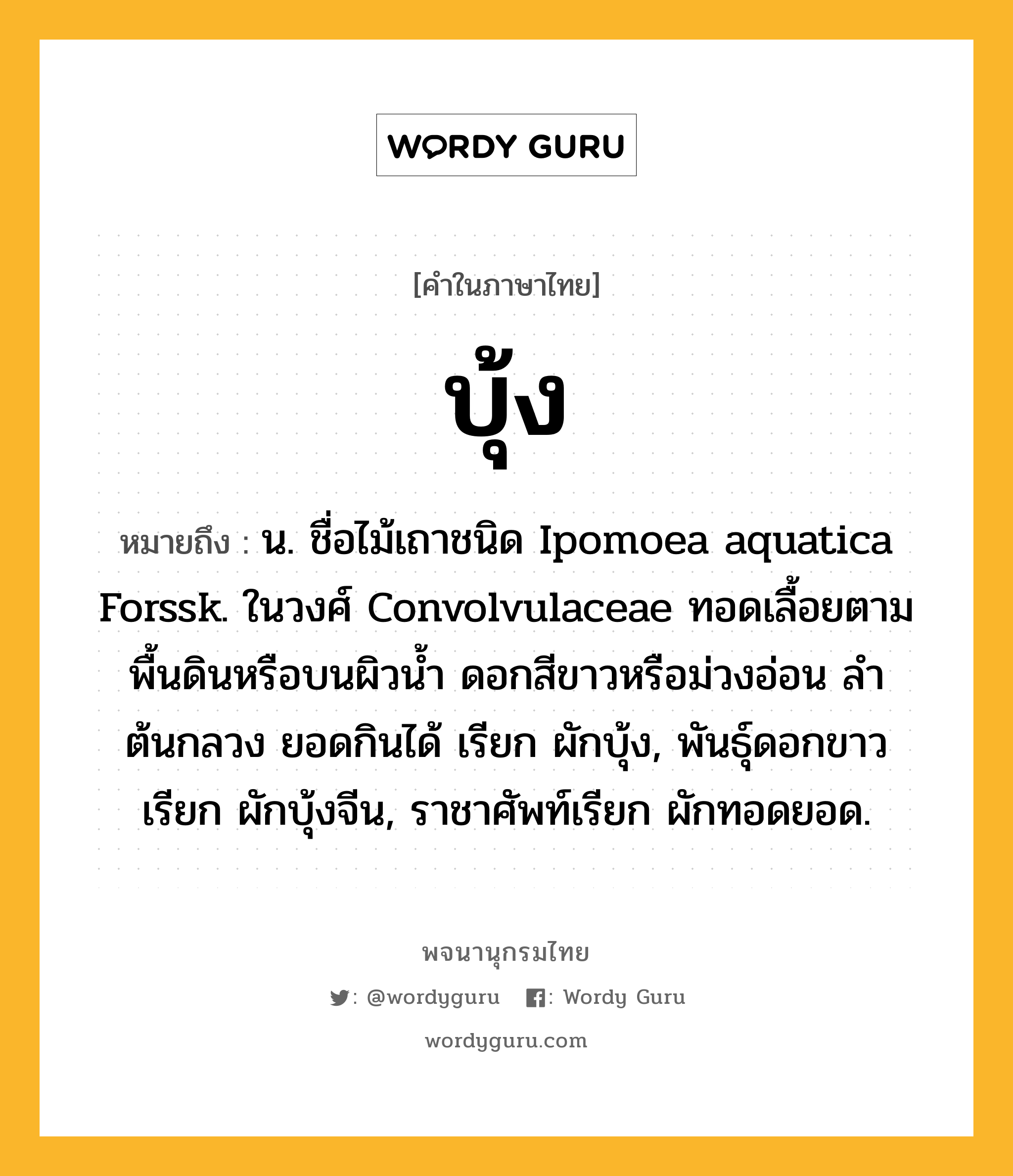 บุ้ง ความหมาย หมายถึงอะไร?, คำในภาษาไทย บุ้ง หมายถึง น. ชื่อไม้เถาชนิด Ipomoea aquatica Forssk. ในวงศ์ Convolvulaceae ทอดเลื้อยตามพื้นดินหรือบนผิวนํ้า ดอกสีขาวหรือม่วงอ่อน ลําต้นกลวง ยอดกินได้ เรียก ผักบุ้ง, พันธุ์ดอกขาวเรียก ผักบุ้งจีน, ราชาศัพท์เรียก ผักทอดยอด.