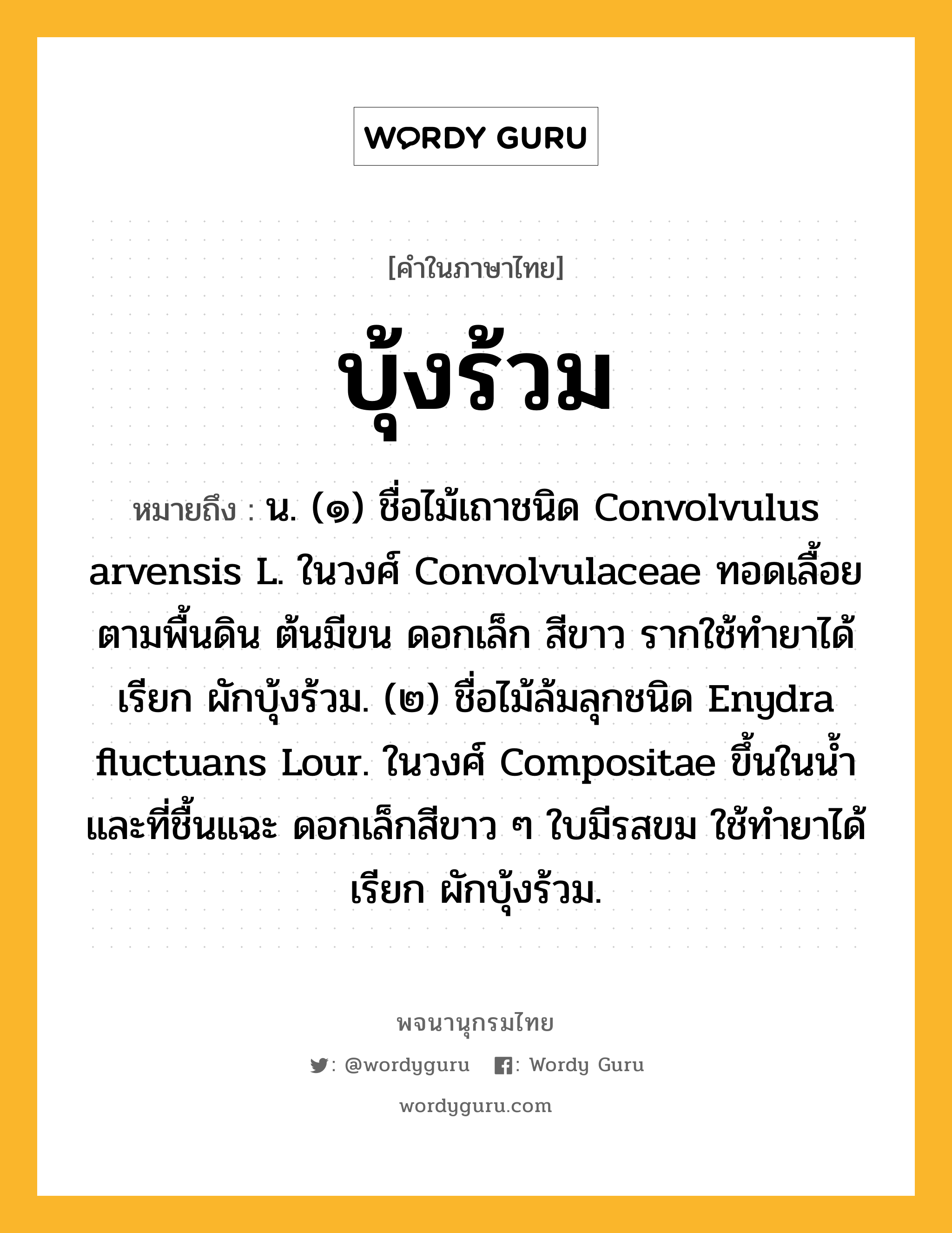 บุ้งร้วม ความหมาย หมายถึงอะไร?, คำในภาษาไทย บุ้งร้วม หมายถึง น. (๑) ชื่อไม้เถาชนิด Convolvulus arvensis L. ในวงศ์ Convolvulaceae ทอดเลื้อยตามพื้นดิน ต้นมีขน ดอกเล็ก สีขาว รากใช้ทํายาได้ เรียก ผักบุ้งร้วม. (๒) ชื่อไม้ล้มลุกชนิด Enydra fluctuans Lour. ในวงศ์ Compositae ขึ้นในนํ้าและที่ชื้นแฉะ ดอกเล็กสีขาว ๆ ใบมีรสขม ใช้ทํายาได้ เรียก ผักบุ้งร้วม.