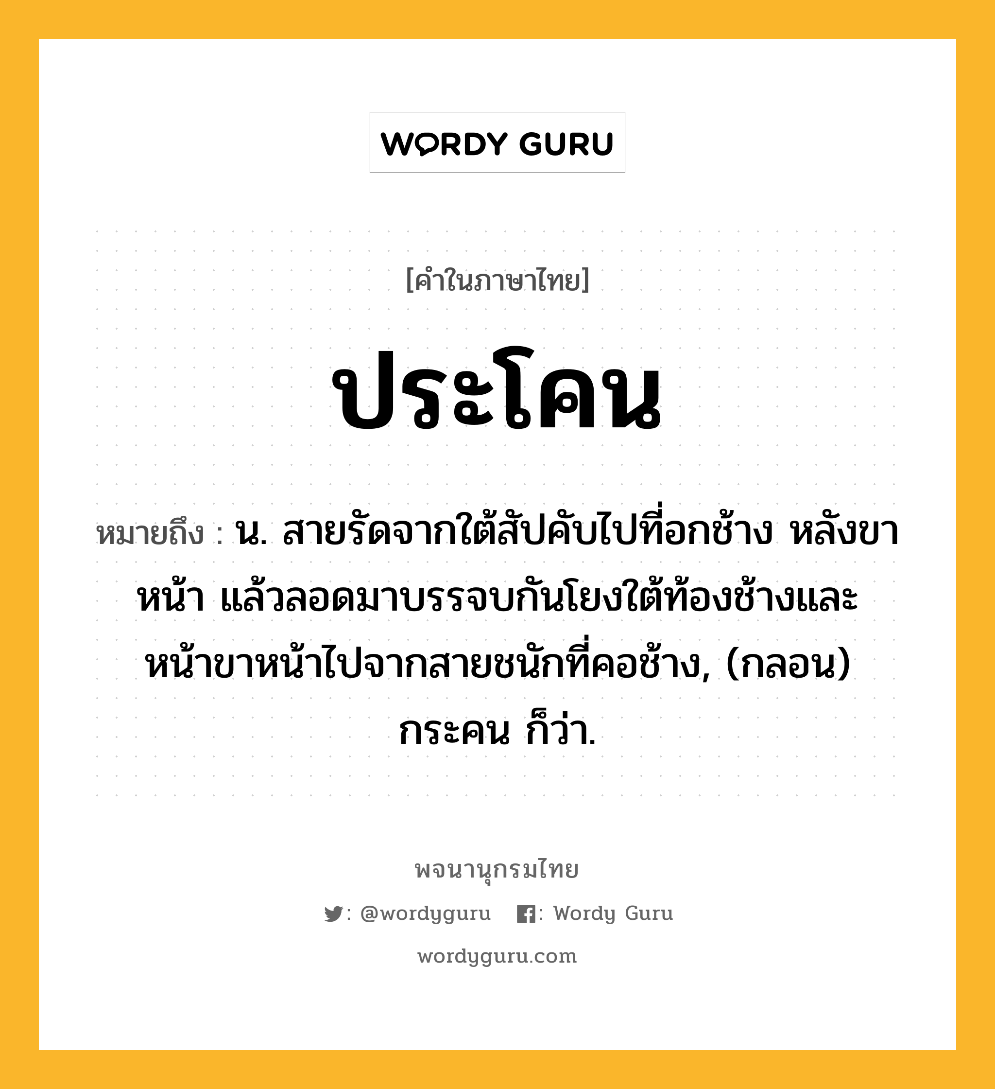 ประโคน ความหมาย หมายถึงอะไร?, คำในภาษาไทย ประโคน หมายถึง น. สายรัดจากใต้สัปคับไปที่อกช้าง หลังขาหน้า แล้วลอดมาบรรจบกันโยงใต้ท้องช้างและหน้าขาหน้าไปจากสายชนักที่คอช้าง, (กลอน) กระคน ก็ว่า.