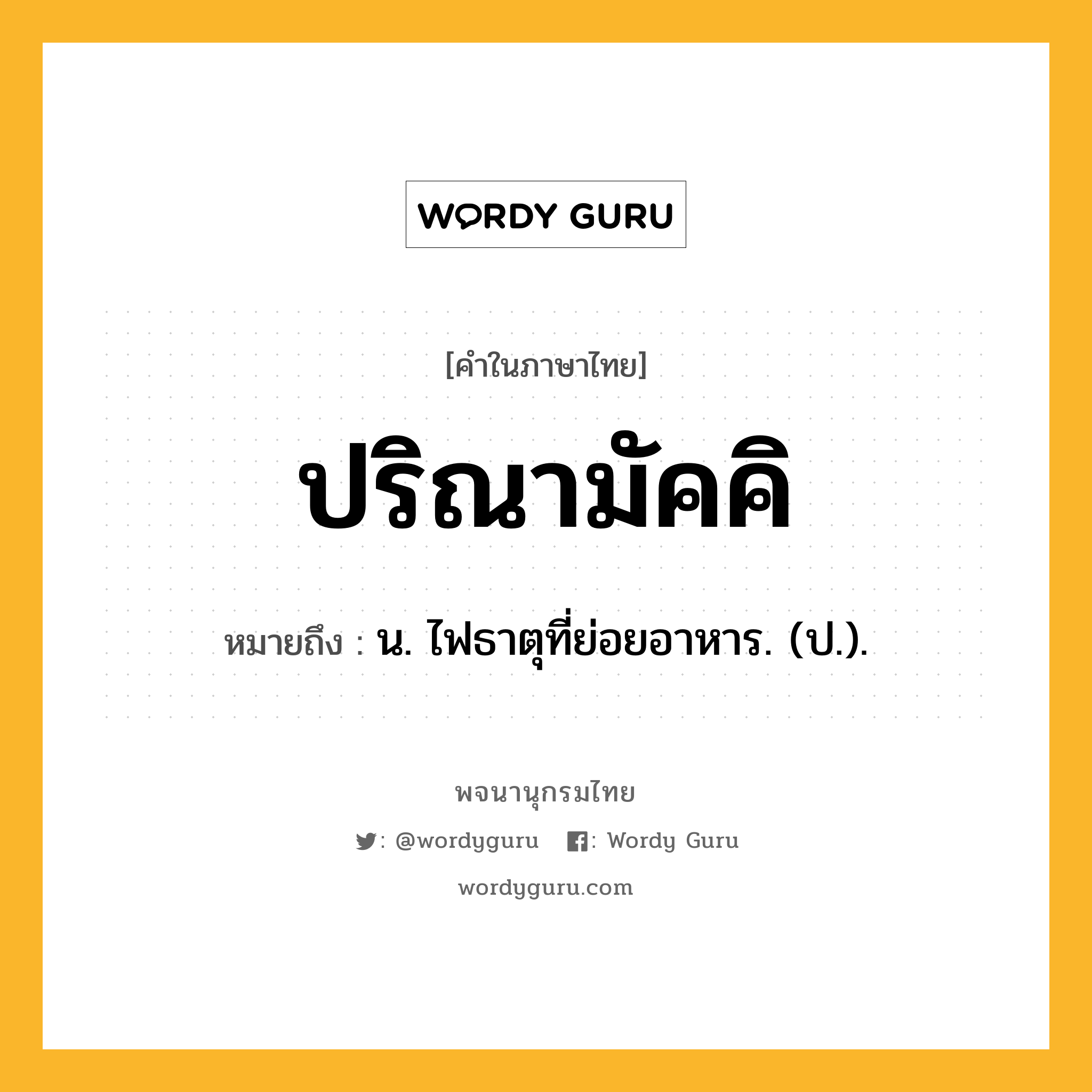 ปริณามัคคิ ความหมาย หมายถึงอะไร?, คำในภาษาไทย ปริณามัคคิ หมายถึง น. ไฟธาตุที่ย่อยอาหาร. (ป.).