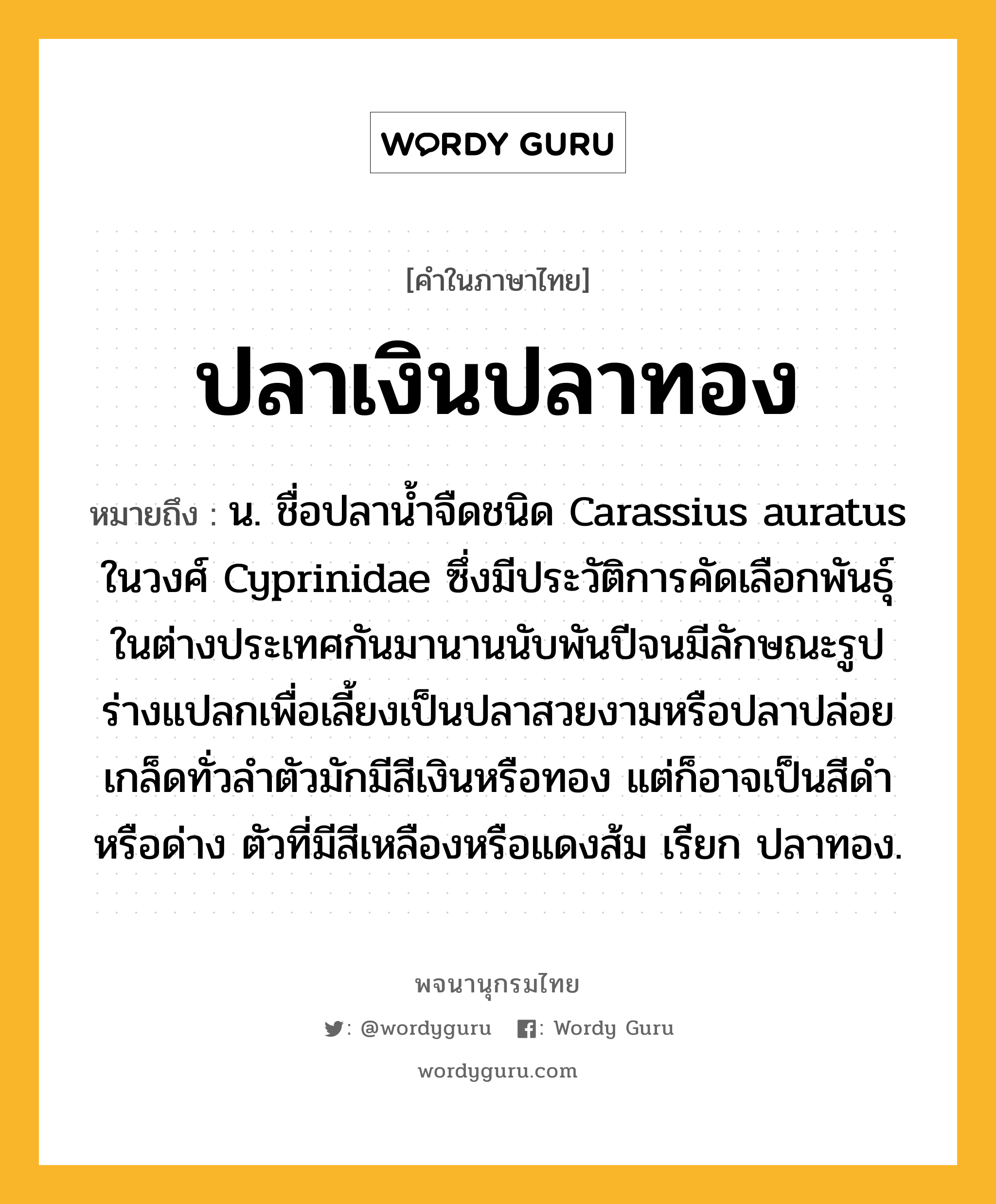 ปลาเงินปลาทอง ความหมาย หมายถึงอะไร?, คำในภาษาไทย ปลาเงินปลาทอง หมายถึง น. ชื่อปลานํ้าจืดชนิด Carassius auratus ในวงศ์ Cyprinidae ซึ่งมีประวัติการคัดเลือกพันธุ์ในต่างประเทศกันมานานนับพันปีจนมีลักษณะรูปร่างแปลกเพื่อเลี้ยงเป็นปลาสวยงามหรือปลาปล่อย เกล็ดทั่วลําตัวมักมีสีเงินหรือทอง แต่ก็อาจเป็นสีดําหรือด่าง ตัวที่มีสีเหลืองหรือแดงส้ม เรียก ปลาทอง.