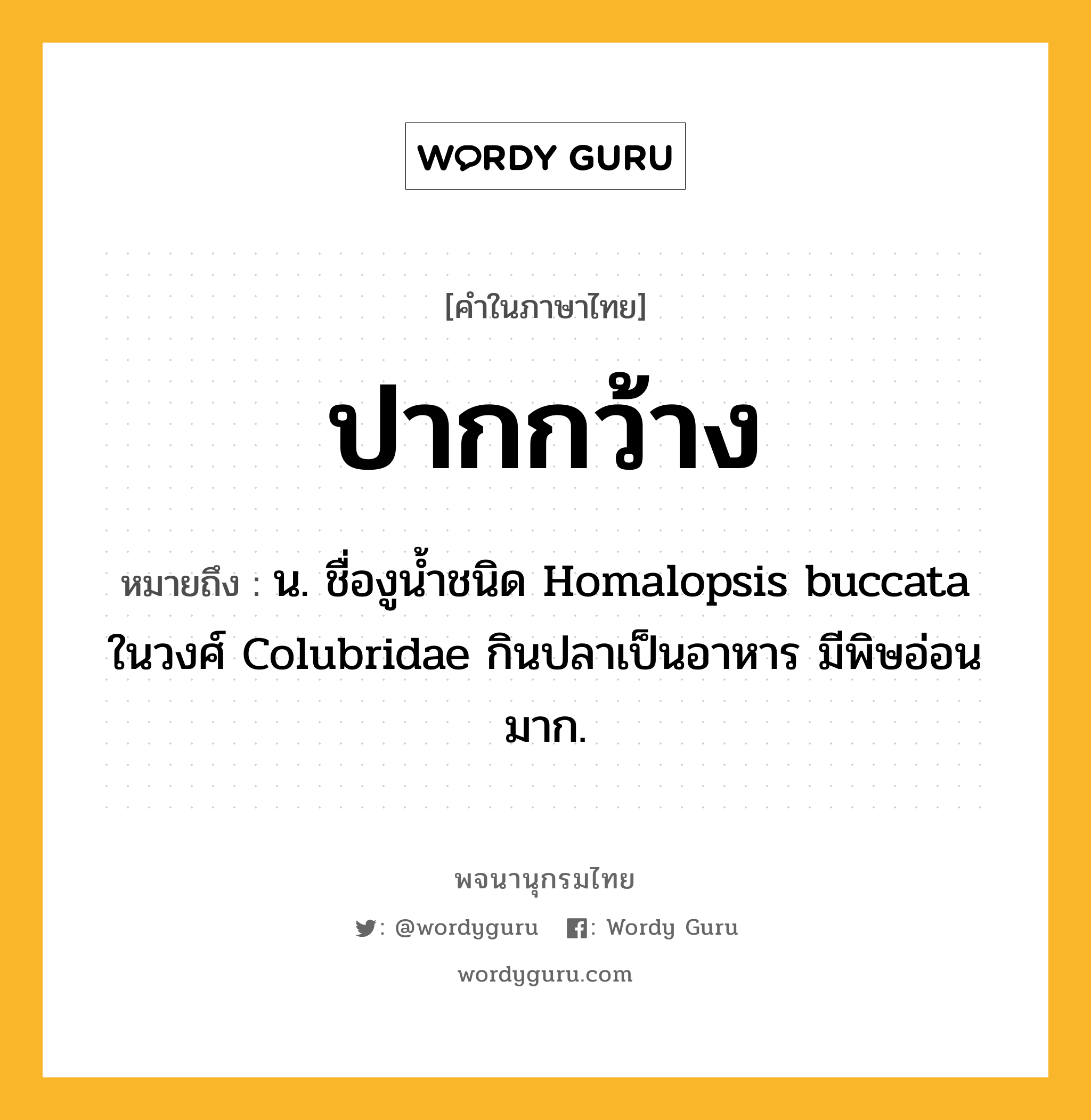 ปากกว้าง ความหมาย หมายถึงอะไร?, คำในภาษาไทย ปากกว้าง หมายถึง น. ชื่องูนํ้าชนิด Homalopsis buccata ในวงศ์ Colubridae กินปลาเป็นอาหาร มีพิษอ่อนมาก.