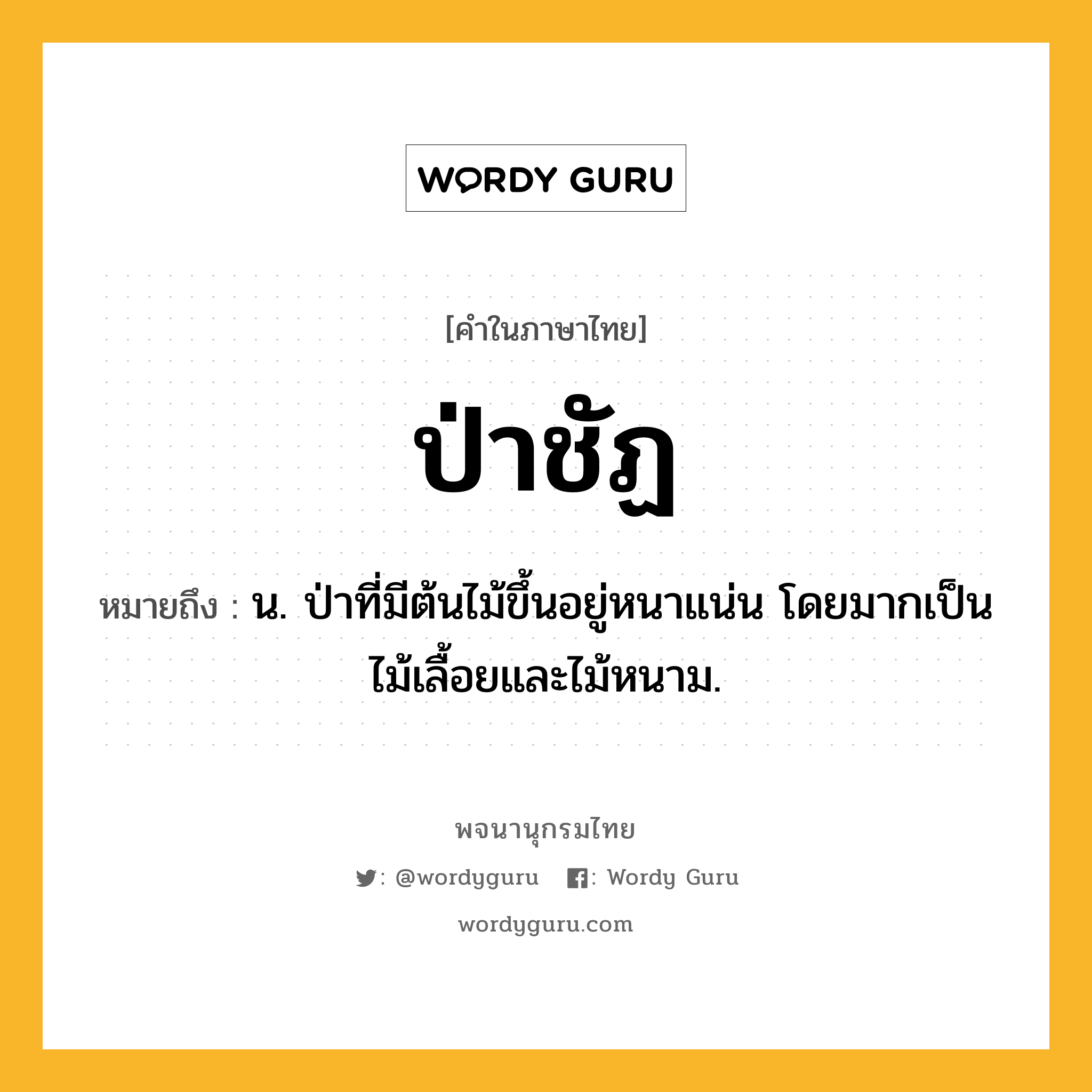 ป่าชัฏ ความหมาย หมายถึงอะไร?, คำในภาษาไทย ป่าชัฏ หมายถึง น. ป่าที่มีต้นไม้ขึ้นอยู่หนาแน่น โดยมากเป็นไม้เลื้อยและไม้หนาม.