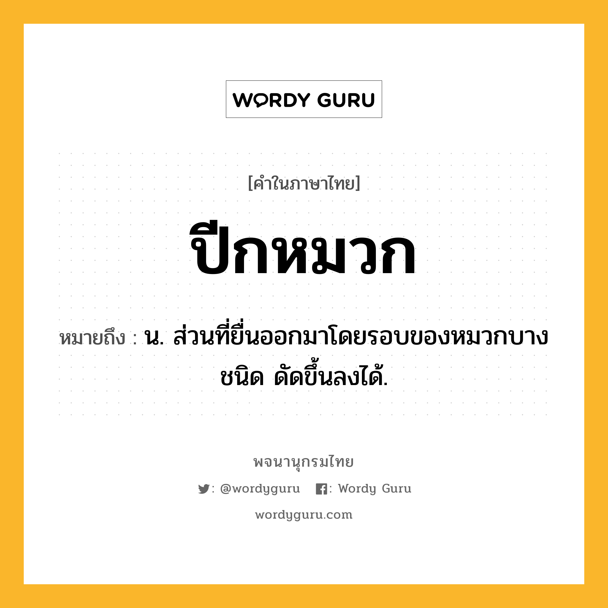 ปีกหมวก ความหมาย หมายถึงอะไร?, คำในภาษาไทย ปีกหมวก หมายถึง น. ส่วนที่ยื่นออกมาโดยรอบของหมวกบางชนิด ดัดขึ้นลงได้.