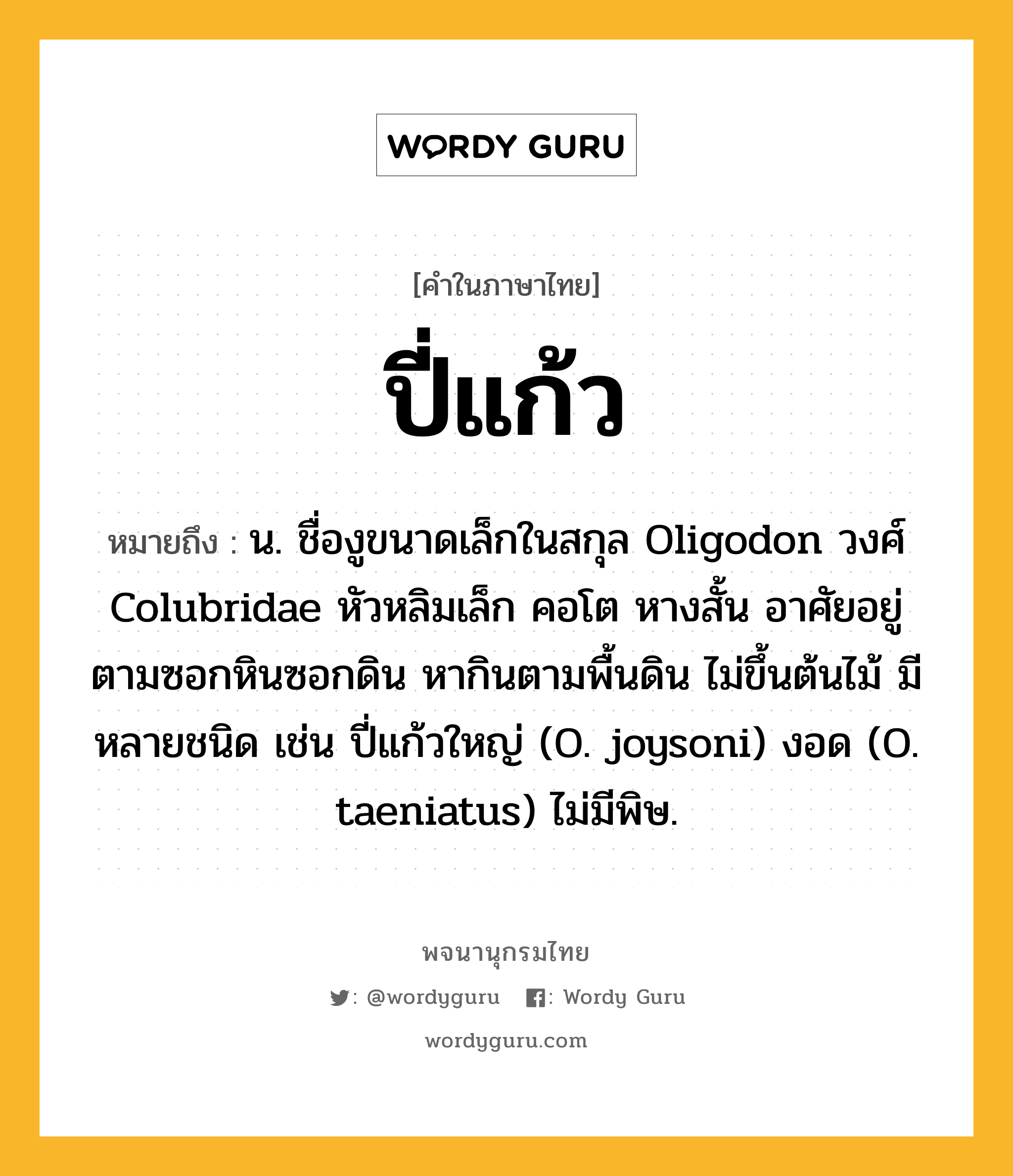 ปี่แก้ว ความหมาย หมายถึงอะไร?, คำในภาษาไทย ปี่แก้ว หมายถึง น. ชื่องูขนาดเล็กในสกุล Oligodon วงศ์ Colubridae หัวหลิมเล็ก คอโต หางสั้น อาศัยอยู่ตามซอกหินซอกดิน หากินตามพื้นดิน ไม่ขึ้นต้นไม้ มีหลายชนิด เช่น ปี่แก้วใหญ่ (O. joysoni) งอด (O. taeniatus) ไม่มีพิษ.