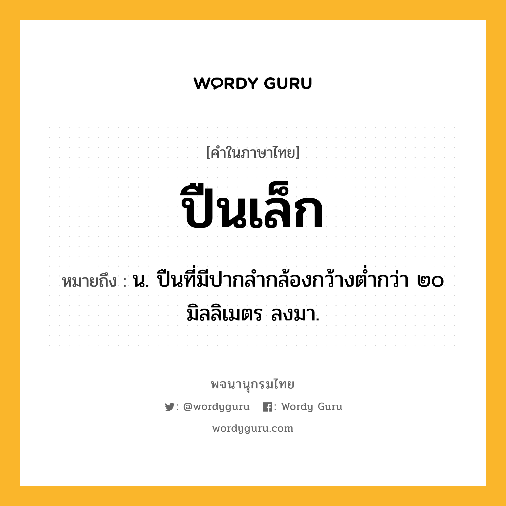 ปืนเล็ก ความหมาย หมายถึงอะไร?, คำในภาษาไทย ปืนเล็ก หมายถึง น. ปืนที่มีปากลำกล้องกว้างต่ำกว่า ๒๐ มิลลิเมตร ลงมา.