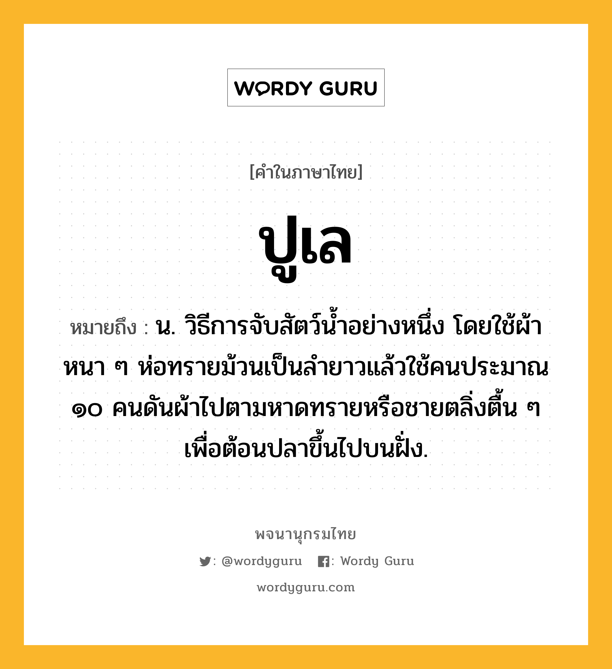 ปูเล ความหมาย หมายถึงอะไร?, คำในภาษาไทย ปูเล หมายถึง น. วิธีการจับสัตว์น้ำอย่างหนึ่ง โดยใช้ผ้าหนา ๆ ห่อทรายม้วนเป็นลำยาวแล้วใช้คนประมาณ ๑๐ คนดันผ้าไปตามหาดทรายหรือชายตลิ่งตื้น ๆ เพื่อต้อนปลาขึ้นไปบนฝั่ง.