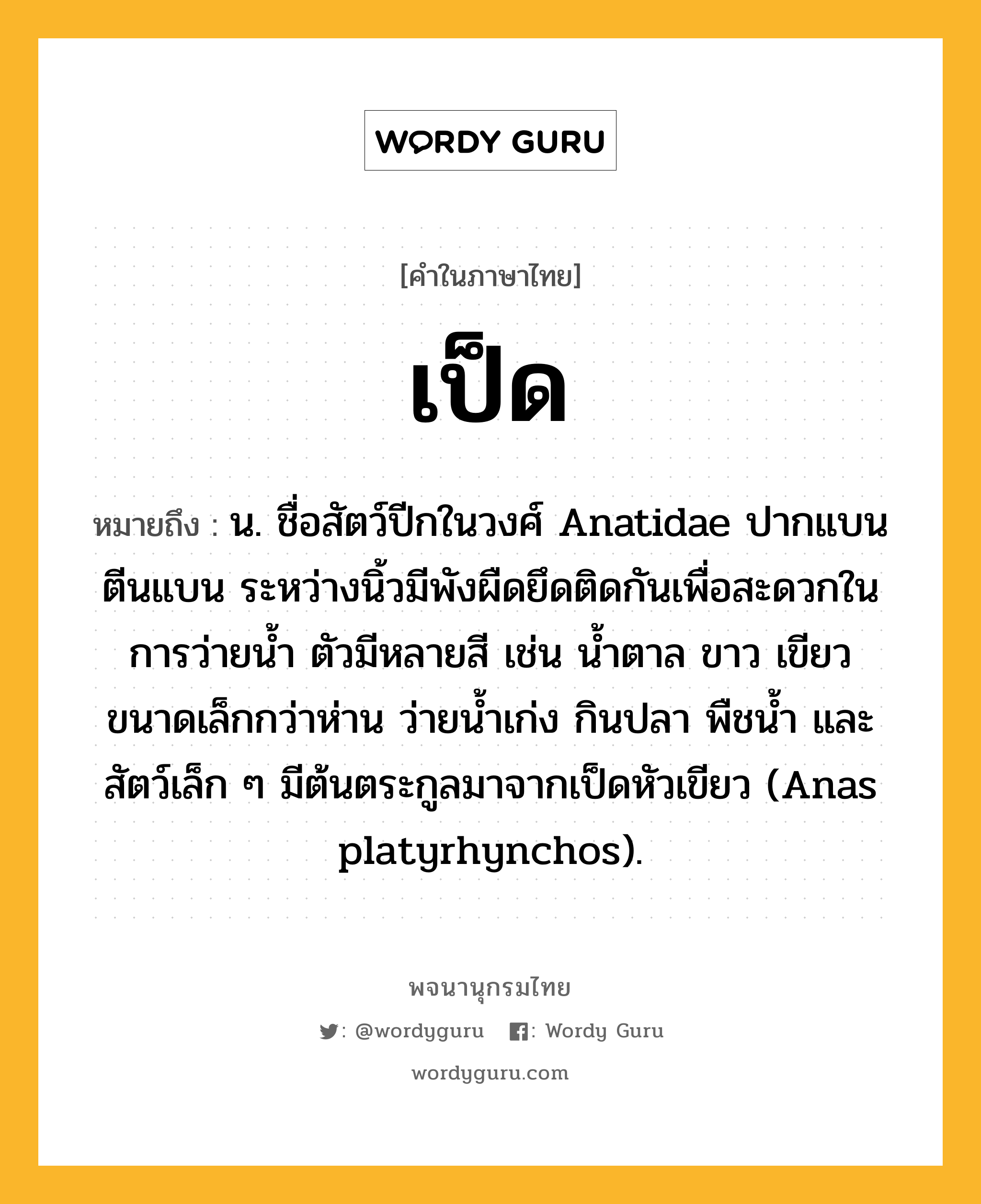 เป็ด ความหมาย หมายถึงอะไร?, คำในภาษาไทย เป็ด หมายถึง น. ชื่อสัตว์ปีกในวงศ์ Anatidae ปากแบน ตีนแบน ระหว่างนิ้วมีพังผืดยึดติดกันเพื่อสะดวกในการว่ายนํ้า ตัวมีหลายสี เช่น นํ้าตาล ขาว เขียว ขนาดเล็กกว่าห่าน ว่ายนํ้าเก่ง กินปลา พืชนํ้า และสัตว์เล็ก ๆ มีต้นตระกูลมาจากเป็ดหัวเขียว (Anas platyrhynchos).