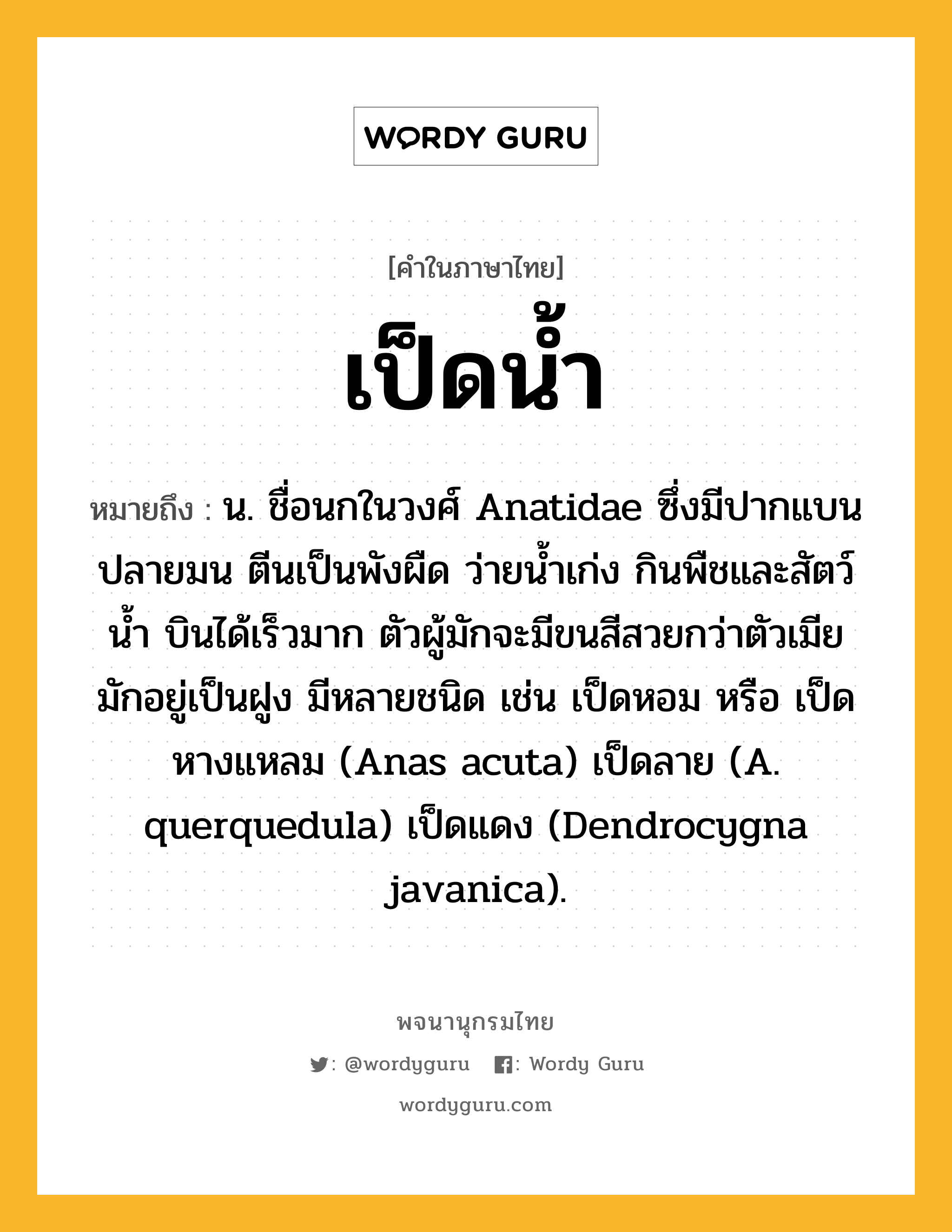 เป็ดน้ำ ความหมาย หมายถึงอะไร?, คำในภาษาไทย เป็ดน้ำ หมายถึง น. ชื่อนกในวงศ์ Anatidae ซึ่งมีปากแบน ปลายมน ตีนเป็นพังผืด ว่ายนํ้าเก่ง กินพืชและสัตว์นํ้า บินได้เร็วมาก ตัวผู้มักจะมีขนสีสวยกว่าตัวเมีย มักอยู่เป็นฝูง มีหลายชนิด เช่น เป็ดหอม หรือ เป็ดหางแหลม (Anas acuta) เป็ดลาย (A. querquedula) เป็ดแดง (Dendrocygna javanica).