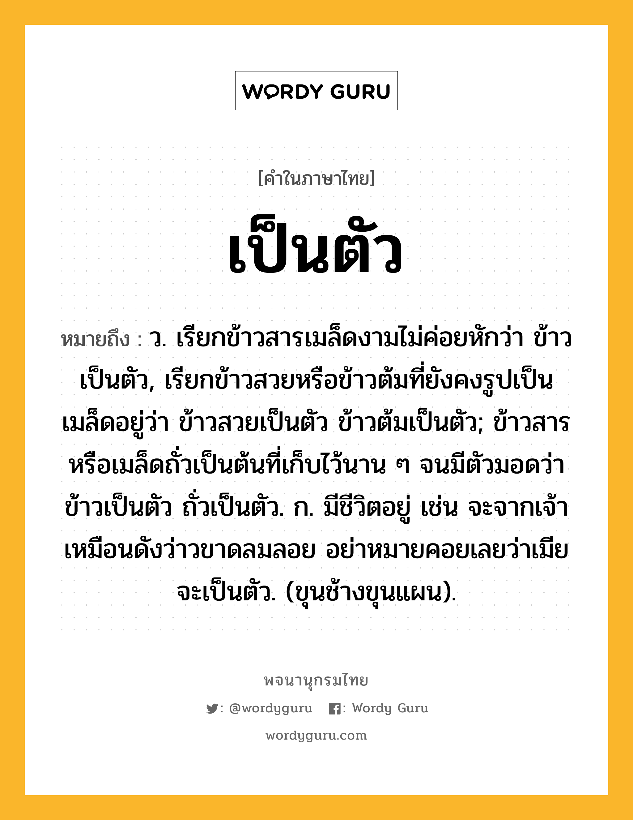 เป็นตัว ความหมาย หมายถึงอะไร?, คำในภาษาไทย เป็นตัว หมายถึง ว. เรียกข้าวสารเมล็ดงามไม่ค่อยหักว่า ข้าวเป็นตัว, เรียกข้าวสวยหรือข้าวต้มที่ยังคงรูปเป็นเมล็ดอยู่ว่า ข้าวสวยเป็นตัว ข้าวต้มเป็นตัว; ข้าวสารหรือเมล็ดถั่วเป็นต้นที่เก็บไว้นาน ๆ จนมีตัวมอดว่า ข้าวเป็นตัว ถั่วเป็นตัว. ก. มีชีวิตอยู่ เช่น จะจากเจ้าเหมือนดังว่าวขาดลมลอย อย่าหมายคอยเลยว่าเมียจะเป็นตัว. (ขุนช้างขุนแผน).