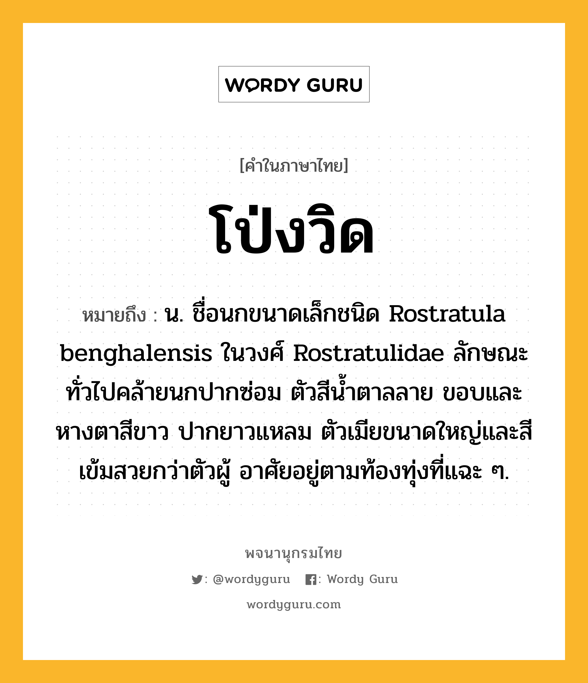 โป่งวิด ความหมาย หมายถึงอะไร?, คำในภาษาไทย โป่งวิด หมายถึง น. ชื่อนกขนาดเล็กชนิด Rostratula benghalensis ในวงศ์ Rostratulidae ลักษณะทั่วไปคล้ายนกปากซ่อม ตัวสีนํ้าตาลลาย ขอบและหางตาสีขาว ปากยาวแหลม ตัวเมียขนาดใหญ่และสีเข้มสวยกว่าตัวผู้ อาศัยอยู่ตามท้องทุ่งที่แฉะ ๆ.