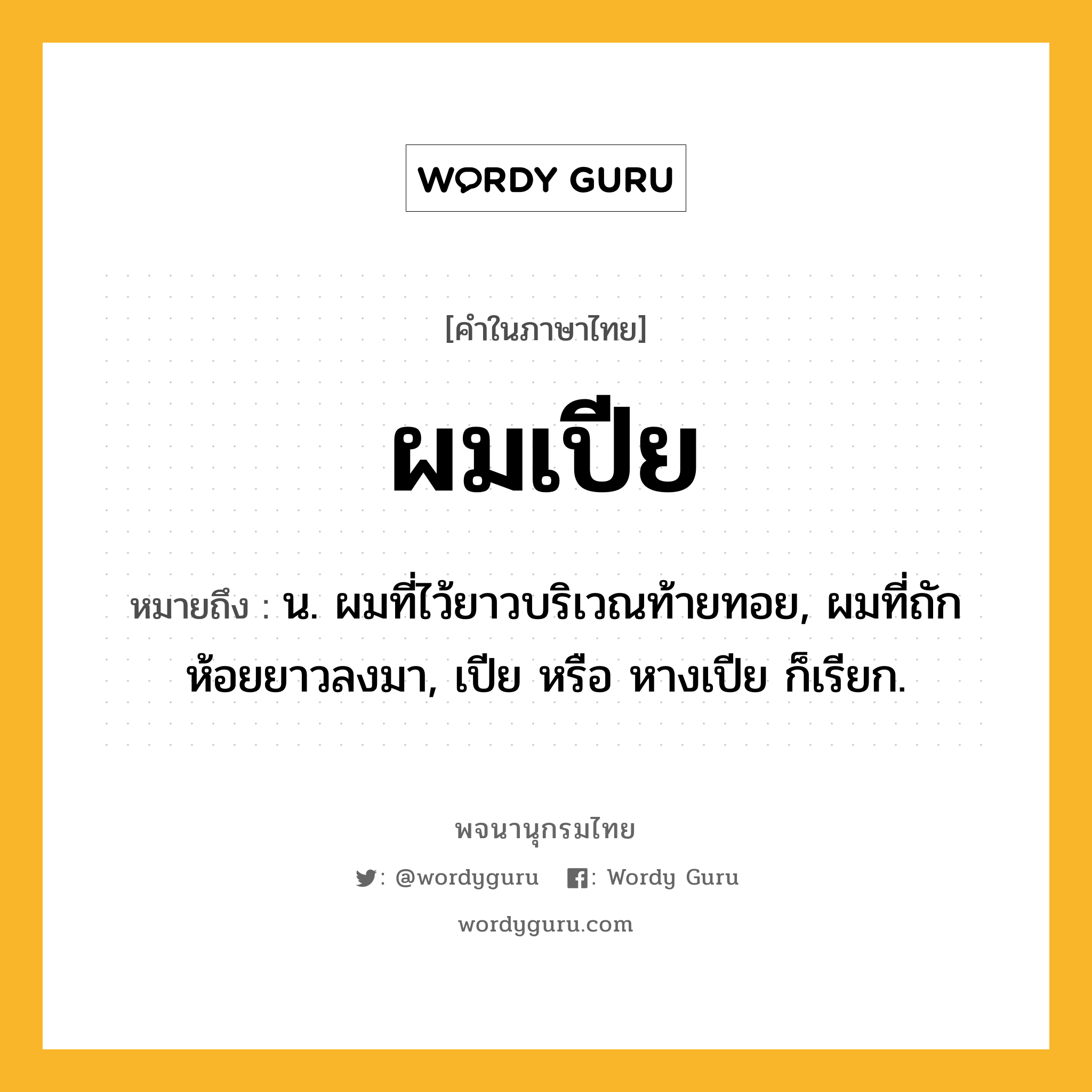 ผมเปีย ความหมาย หมายถึงอะไร?, คำในภาษาไทย ผมเปีย หมายถึง น. ผมที่ไว้ยาวบริเวณท้ายทอย, ผมที่ถักห้อยยาวลงมา, เปีย หรือ หางเปีย ก็เรียก.