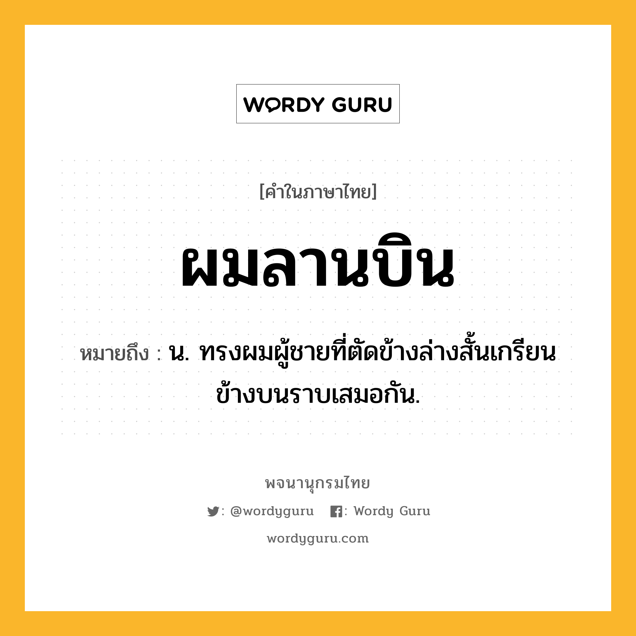 ผมลานบิน ความหมาย หมายถึงอะไร?, คำในภาษาไทย ผมลานบิน หมายถึง น. ทรงผมผู้ชายที่ตัดข้างล่างสั้นเกรียน ข้างบนราบเสมอกัน.