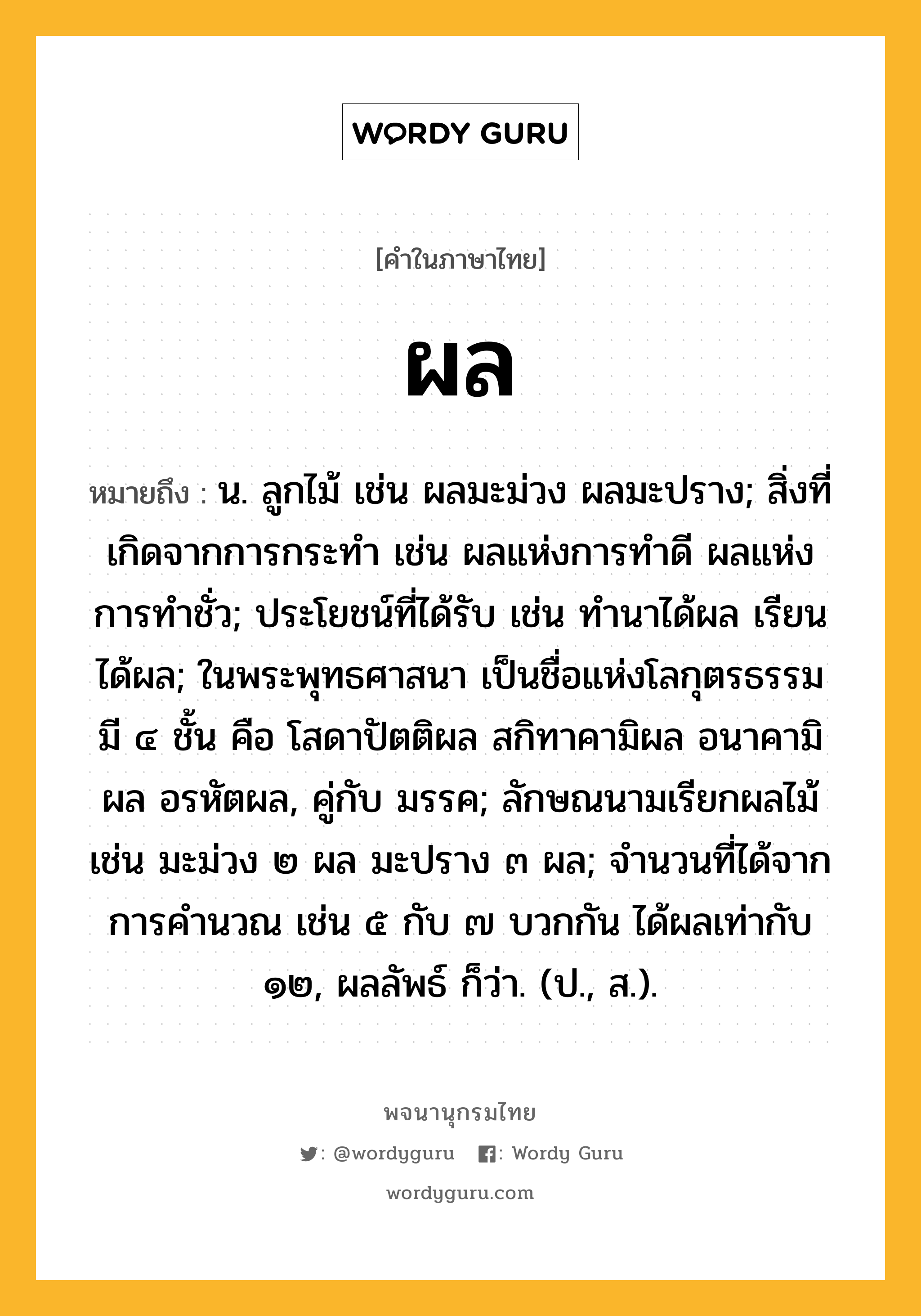 ผล ความหมาย หมายถึงอะไร?, คำในภาษาไทย ผล หมายถึง น. ลูกไม้ เช่น ผลมะม่วง ผลมะปราง; สิ่งที่เกิดจากการกระทำ เช่น ผลแห่งการทำดี ผลแห่งการทำชั่ว; ประโยชน์ที่ได้รับ เช่น ทำนาได้ผล เรียนได้ผล; ในพระพุทธศาสนา เป็นชื่อแห่งโลกุตรธรรม มี ๔ ชั้น คือ โสดาปัตติผล สกิทาคามิผล อนาคามิผล อรหัตผล, คู่กับ มรรค; ลักษณนามเรียกผลไม้ เช่น มะม่วง ๒ ผล มะปราง ๓ ผล; จำนวนที่ได้จากการคำนวณ เช่น ๕ กับ ๗ บวกกัน ได้ผลเท่ากับ ๑๒, ผลลัพธ์ ก็ว่า. (ป., ส.).