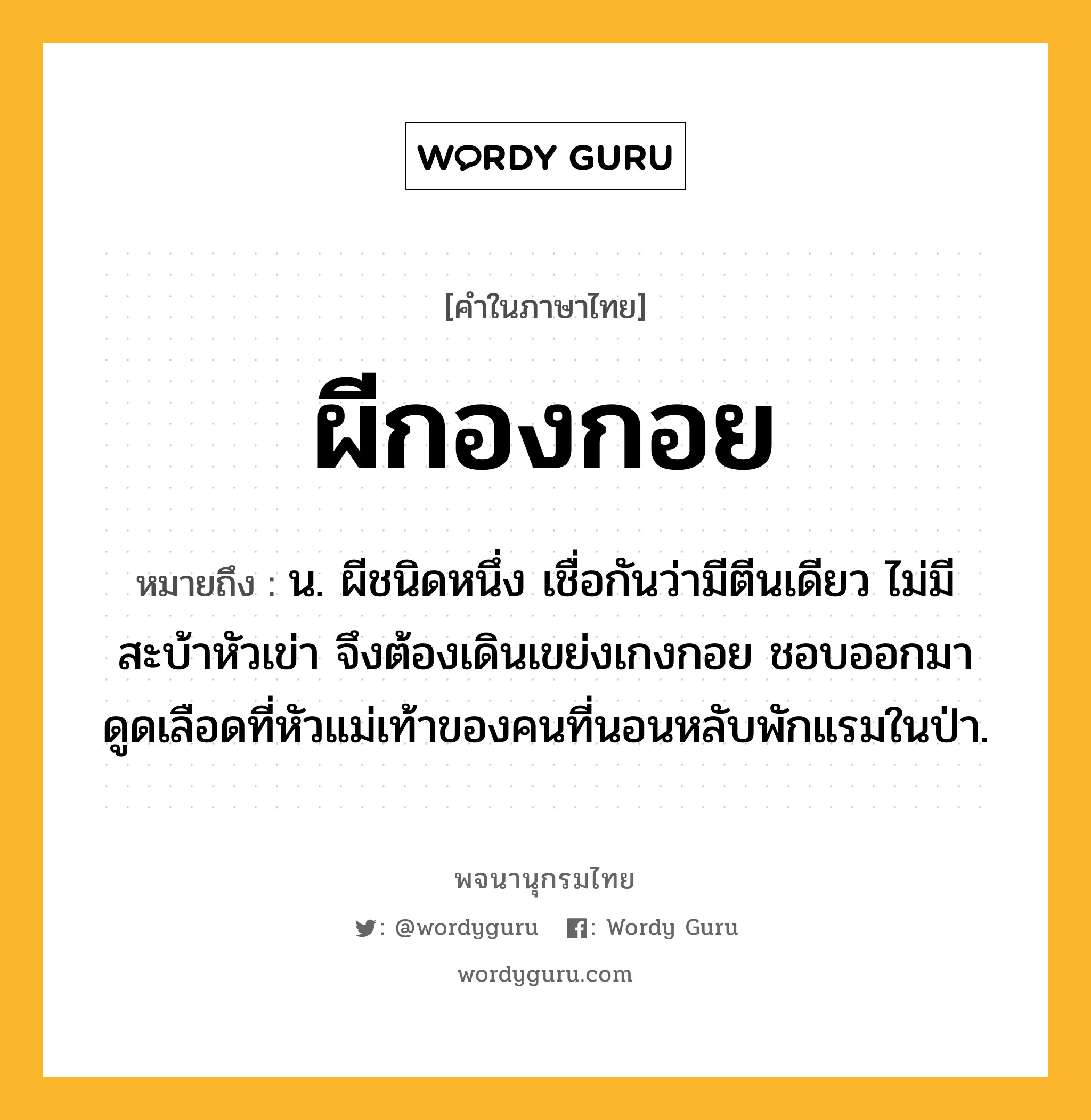 ผีกองกอย ความหมาย หมายถึงอะไร?, คำในภาษาไทย ผีกองกอย หมายถึง น. ผีชนิดหนึ่ง เชื่อกันว่ามีตีนเดียว ไม่มีสะบ้าหัวเข่า จึงต้องเดินเขย่งเกงกอย ชอบออกมาดูดเลือดที่หัวแม่เท้าของคนที่นอนหลับพักแรมในป่า.