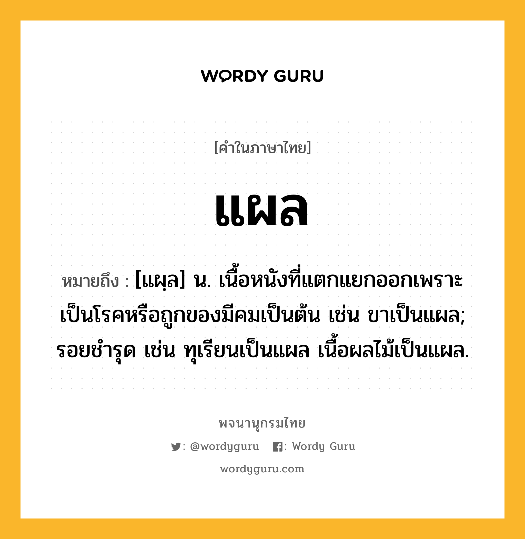 แผล ความหมาย หมายถึงอะไร?, คำในภาษาไทย แผล หมายถึง [แผฺล] น. เนื้อหนังที่แตกแยกออกเพราะเป็นโรคหรือถูกของมีคมเป็นต้น เช่น ขาเป็นแผล; รอยชํารุด เช่น ทุเรียนเป็นแผล เนื้อผลไม้เป็นแผล.