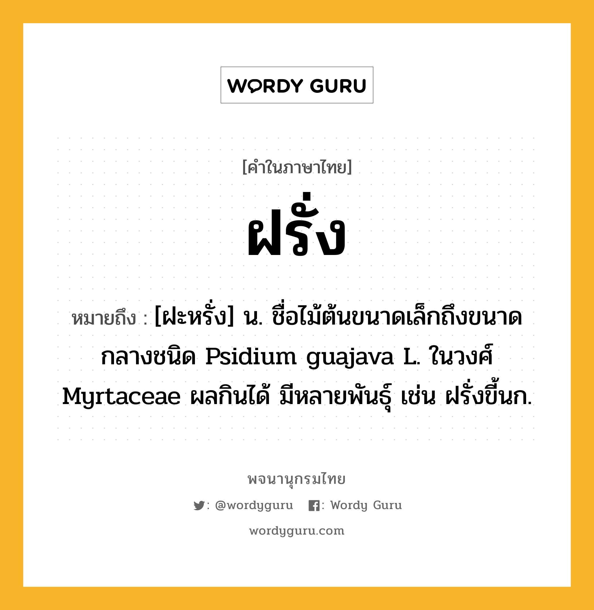 ฝรั่ง ความหมาย หมายถึงอะไร?, คำในภาษาไทย ฝรั่ง หมายถึง [ฝะหรั่ง] น. ชื่อไม้ต้นขนาดเล็กถึงขนาดกลางชนิด Psidium guajava L. ในวงศ์ Myrtaceae ผลกินได้ มีหลายพันธุ์ เช่น ฝรั่งขี้นก.