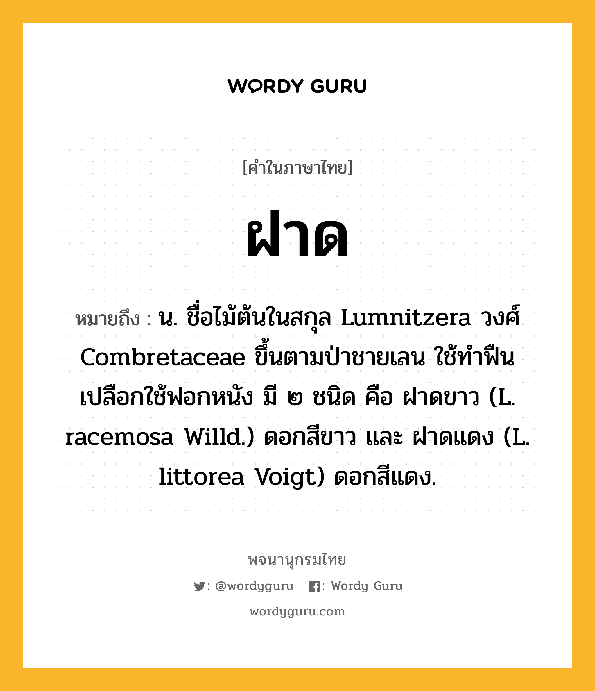 ฝาด ความหมาย หมายถึงอะไร?, คำในภาษาไทย ฝาด หมายถึง น. ชื่อไม้ต้นในสกุล Lumnitzera วงศ์ Combretaceae ขึ้นตามป่าชายเลน ใช้ทําฟืน เปลือกใช้ฟอกหนัง มี ๒ ชนิด คือ ฝาดขาว (L. racemosa Willd.) ดอกสีขาว และ ฝาดแดง (L. littorea Voigt) ดอกสีแดง.