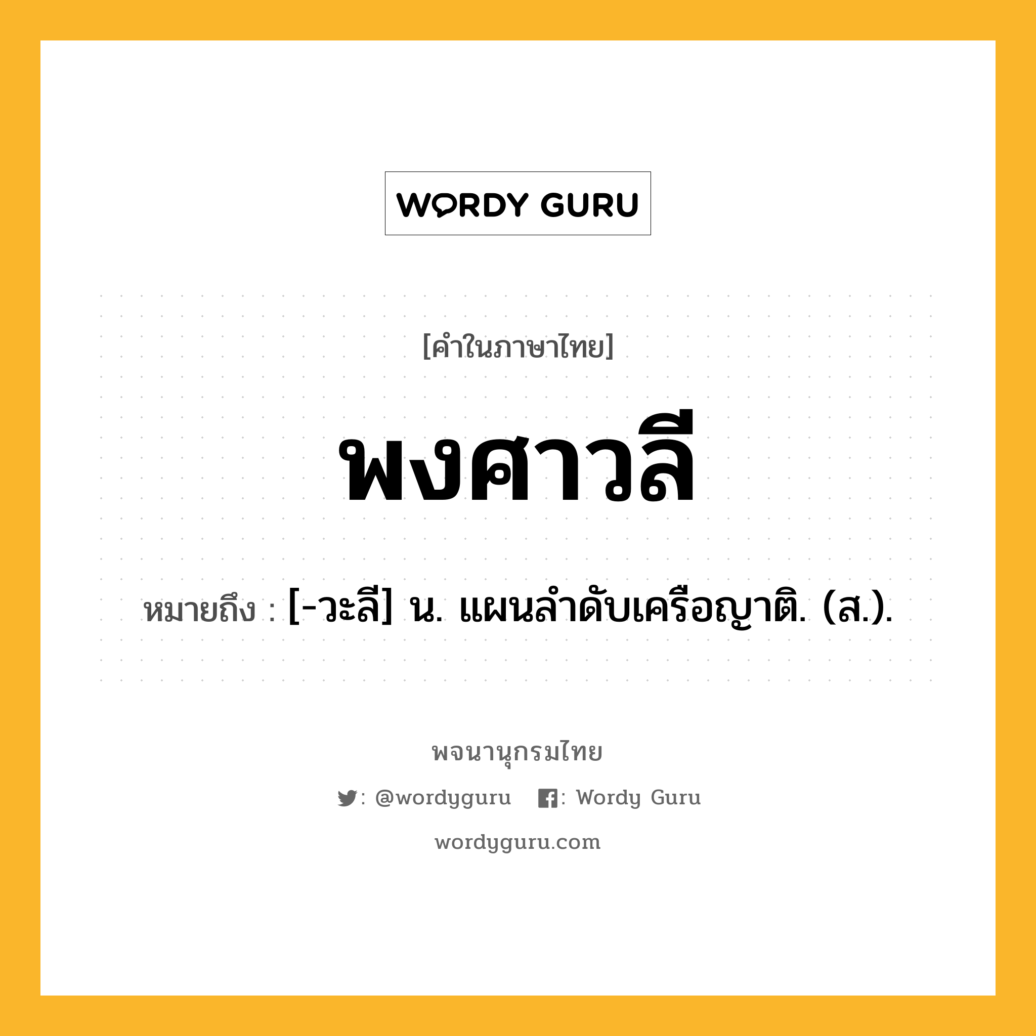 พงศาวลี ความหมาย หมายถึงอะไร?, คำในภาษาไทย พงศาวลี หมายถึง [-วะลี] น. แผนลําดับเครือญาติ. (ส.).