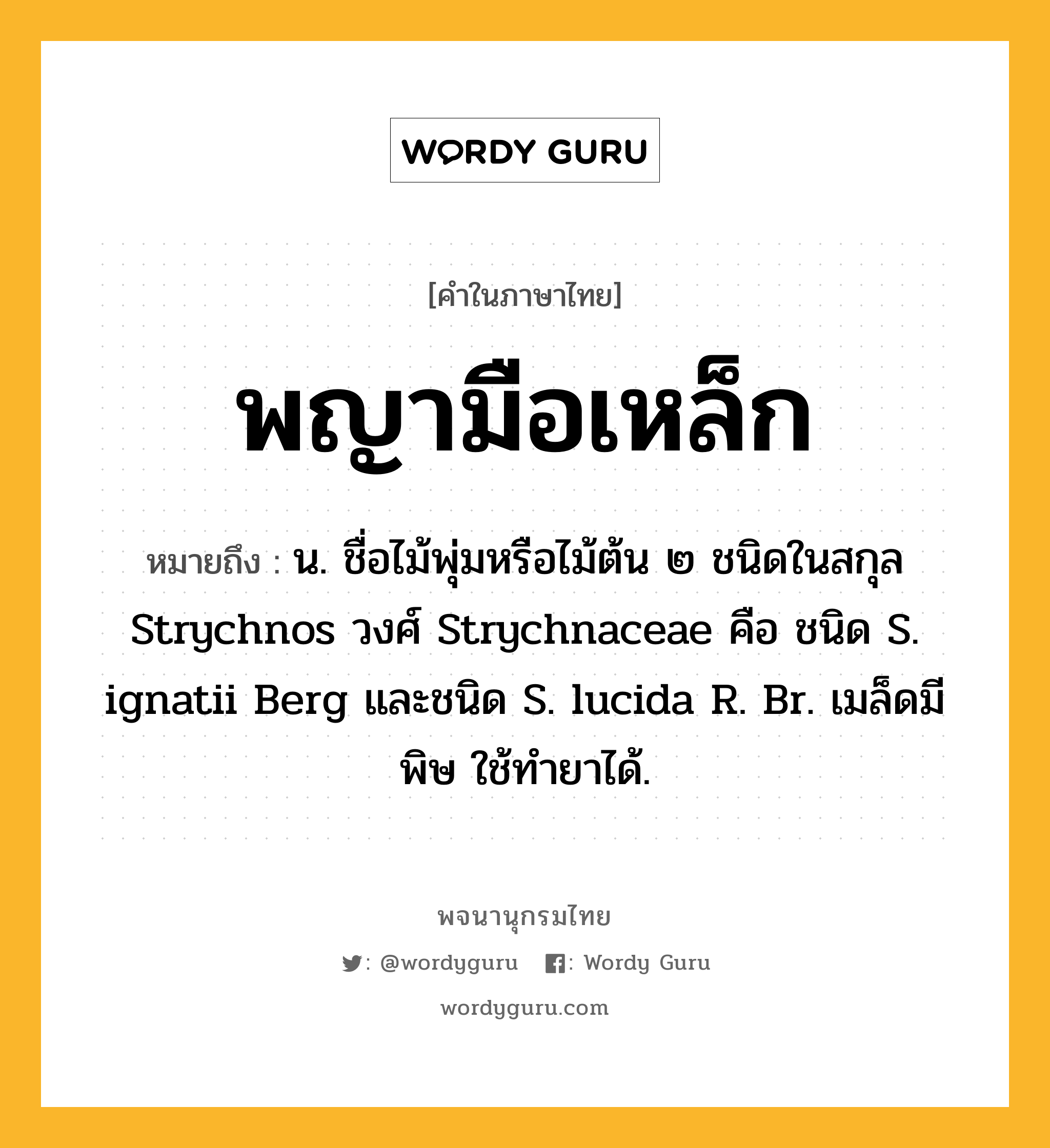 พญามือเหล็ก ความหมาย หมายถึงอะไร?, คำในภาษาไทย พญามือเหล็ก หมายถึง น. ชื่อไม้พุ่มหรือไม้ต้น ๒ ชนิดในสกุล Strychnos วงศ์ Strychnaceae คือ ชนิด S. ignatii Berg และชนิด S. lucida R. Br. เมล็ดมีพิษ ใช้ทํายาได้.