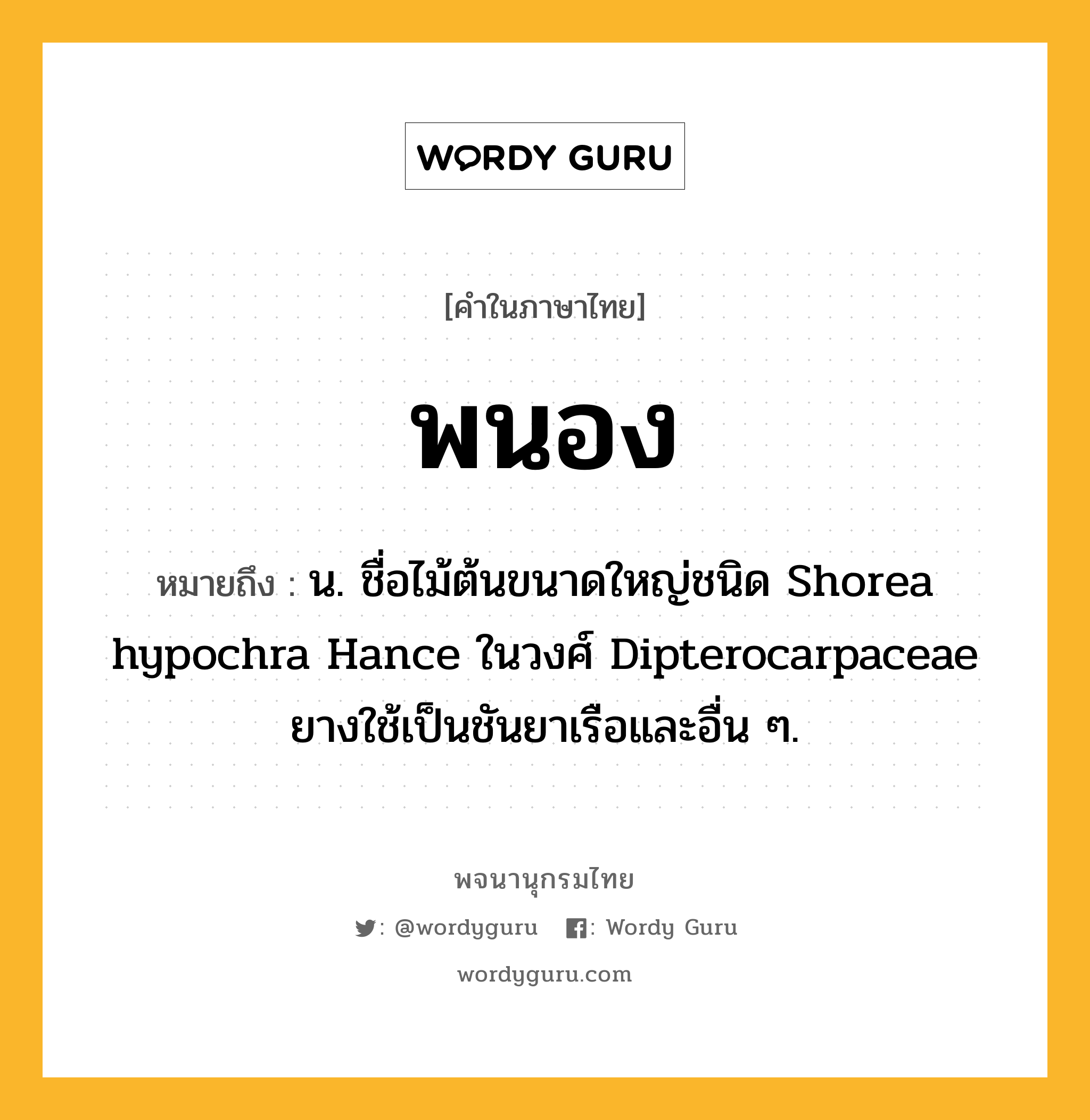 พนอง ความหมาย หมายถึงอะไร?, คำในภาษาไทย พนอง หมายถึง น. ชื่อไม้ต้นขนาดใหญ่ชนิด Shorea hypochra Hance ในวงศ์ Dipterocarpaceae ยางใช้เป็นชันยาเรือและอื่น ๆ.