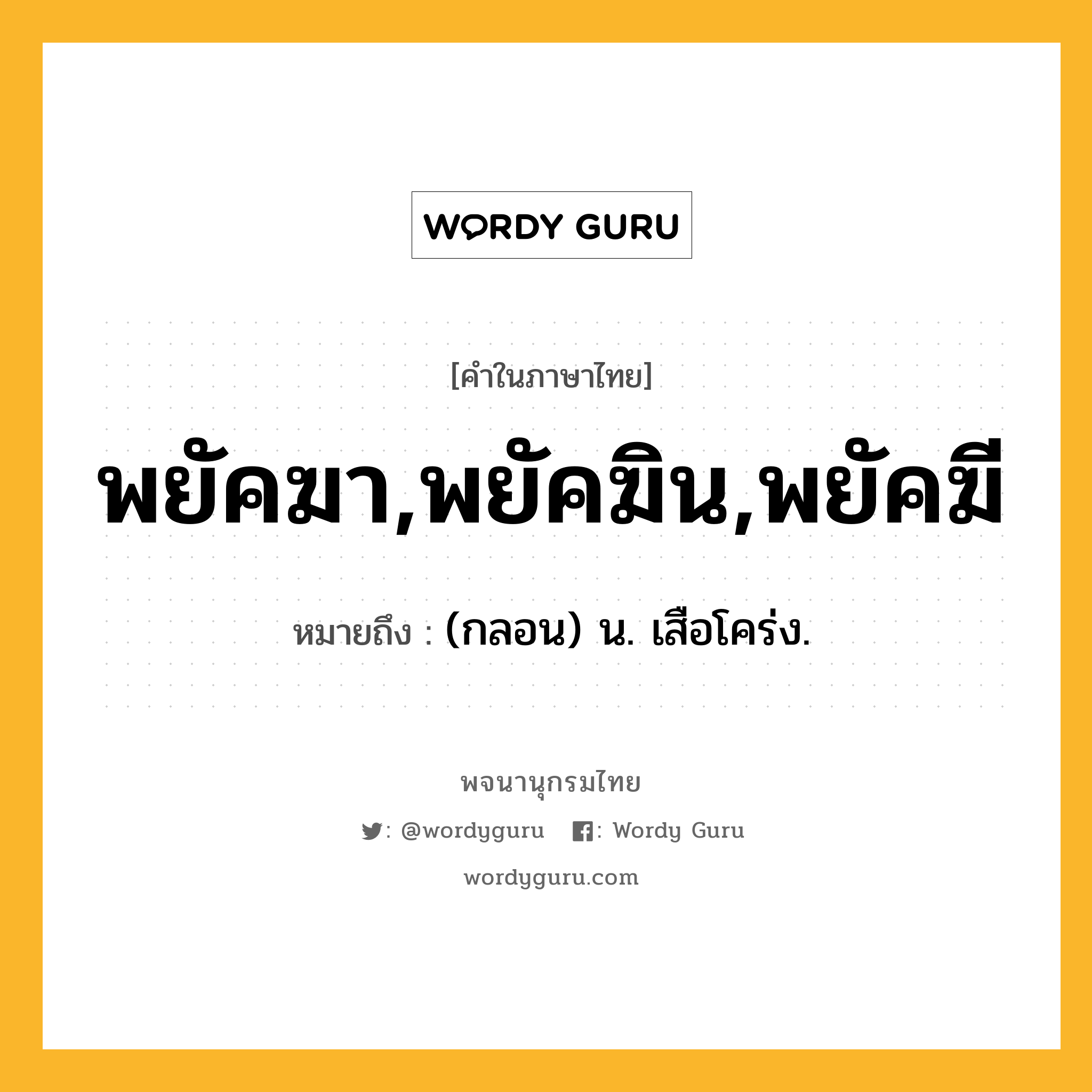 พยัคฆา,พยัคฆิน,พยัคฆี ความหมาย หมายถึงอะไร?, คำในภาษาไทย พยัคฆา,พยัคฆิน,พยัคฆี หมายถึง (กลอน) น. เสือโคร่ง.