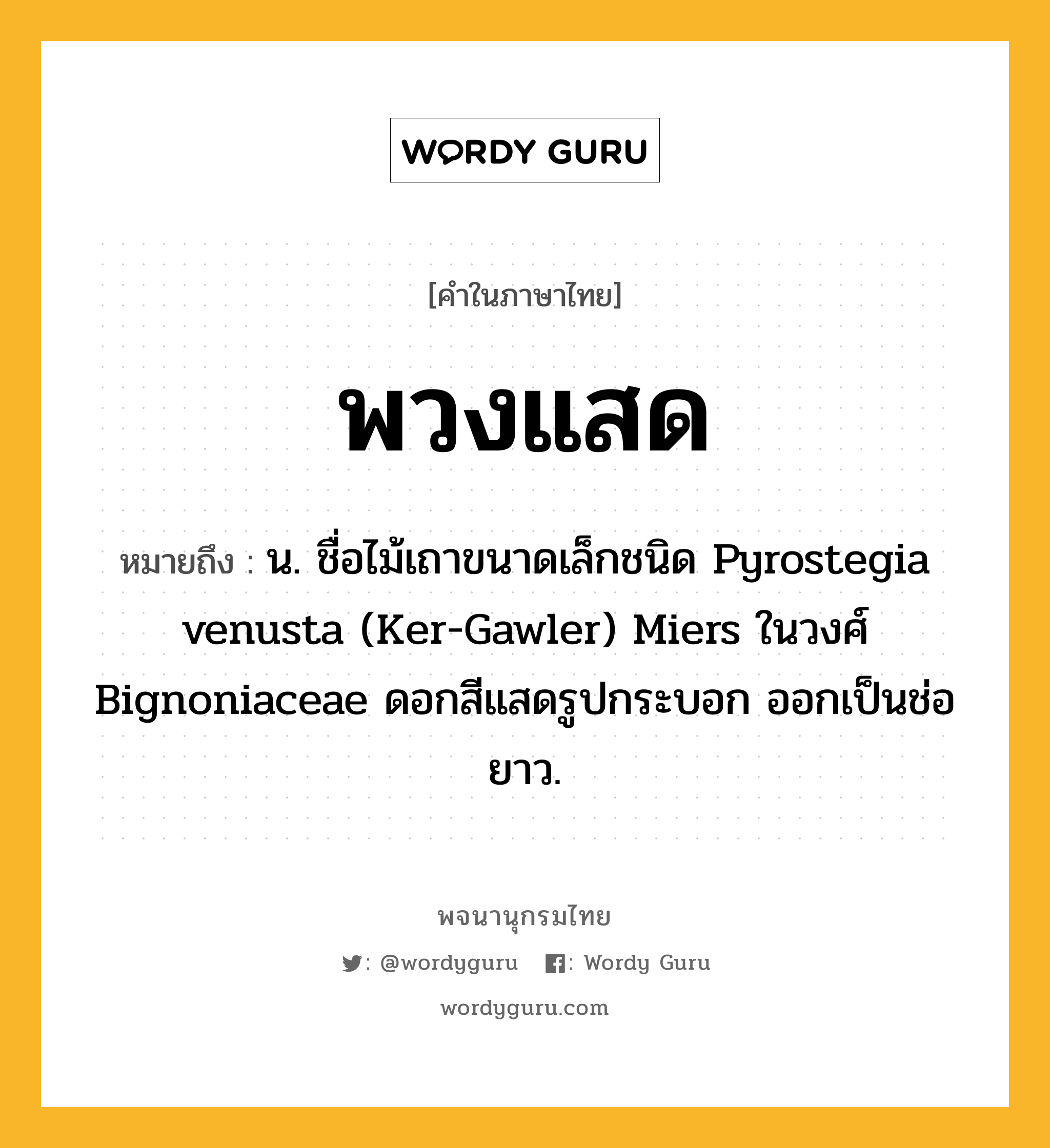 พวงแสด ความหมาย หมายถึงอะไร?, คำในภาษาไทย พวงแสด หมายถึง น. ชื่อไม้เถาขนาดเล็กชนิด Pyrostegia venusta (Ker-Gawler) Miers ในวงศ์ Bignoniaceae ดอกสีแสดรูปกระบอก ออกเป็นช่อยาว.