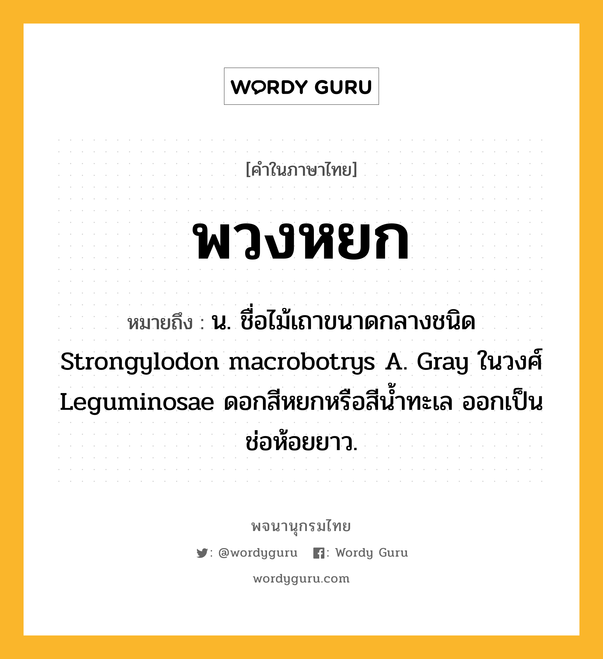 พวงหยก ความหมาย หมายถึงอะไร?, คำในภาษาไทย พวงหยก หมายถึง น. ชื่อไม้เถาขนาดกลางชนิด Strongylodon macrobotrys A. Gray ในวงศ์ Leguminosae ดอกสีหยกหรือสีนํ้าทะเล ออกเป็นช่อห้อยยาว.