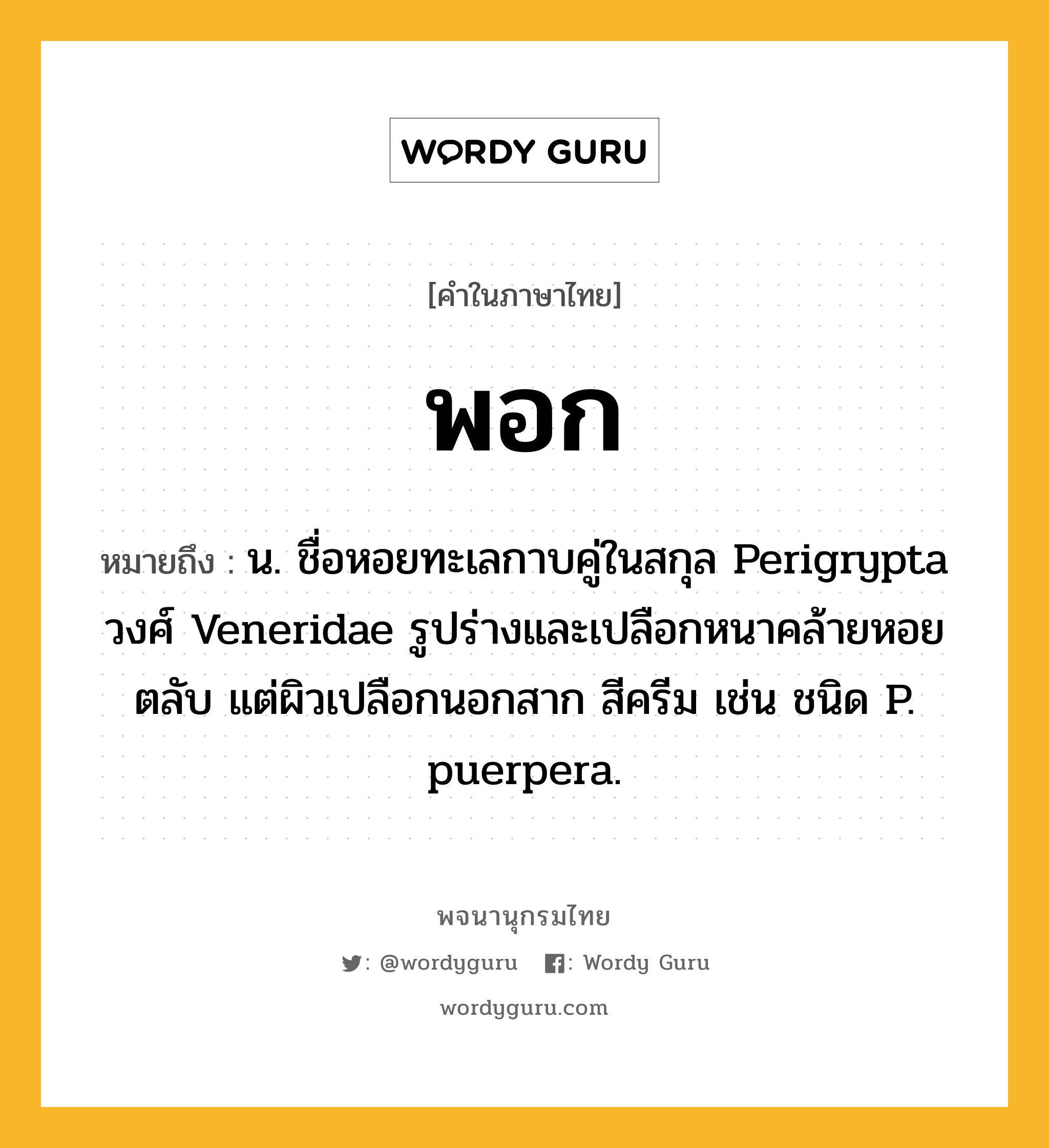 พอก ความหมาย หมายถึงอะไร?, คำในภาษาไทย พอก หมายถึง น. ชื่อหอยทะเลกาบคู่ในสกุล Perigrypta วงศ์ Veneridae รูปร่างและเปลือกหนาคล้ายหอยตลับ แต่ผิวเปลือกนอกสาก สีครีม เช่น ชนิด P. puerpera.