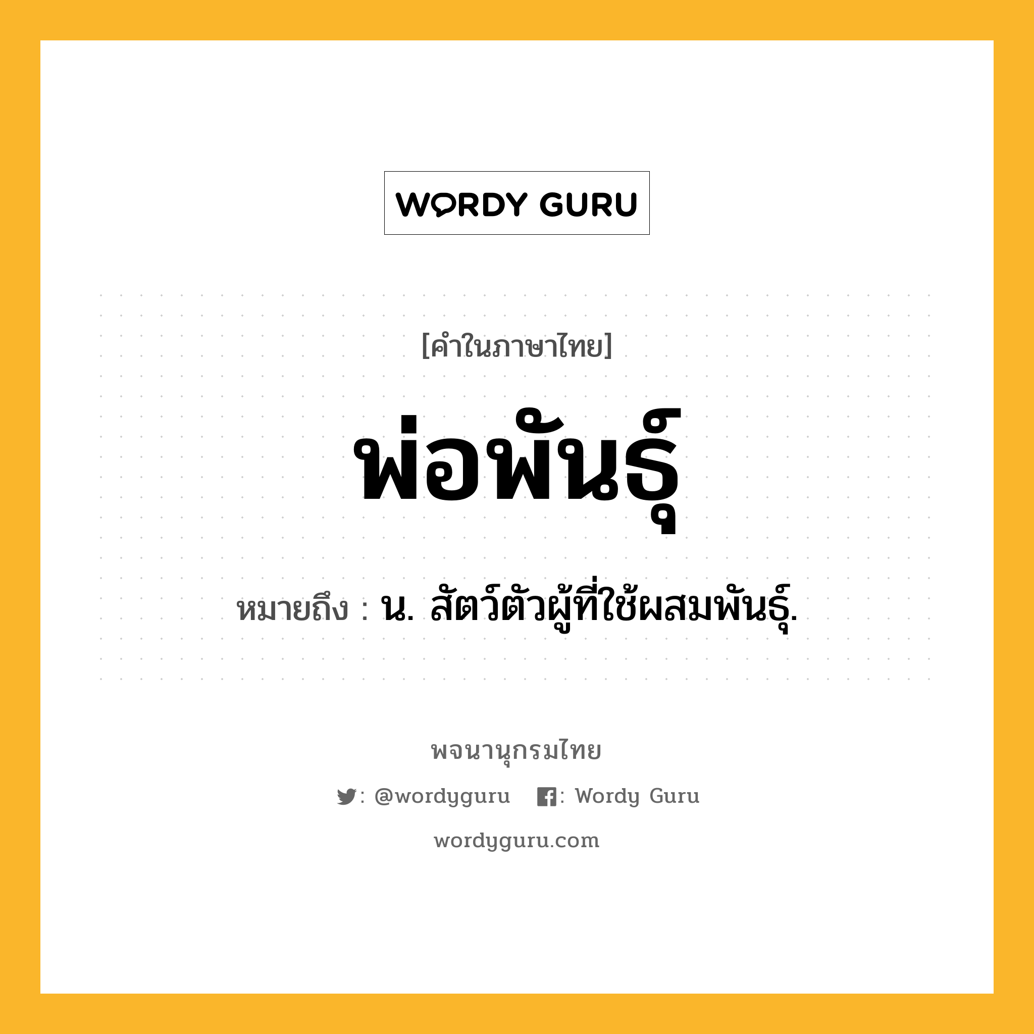 พ่อพันธุ์ ความหมาย หมายถึงอะไร?, คำในภาษาไทย พ่อพันธุ์ หมายถึง น. สัตว์ตัวผู้ที่ใช้ผสมพันธุ์.