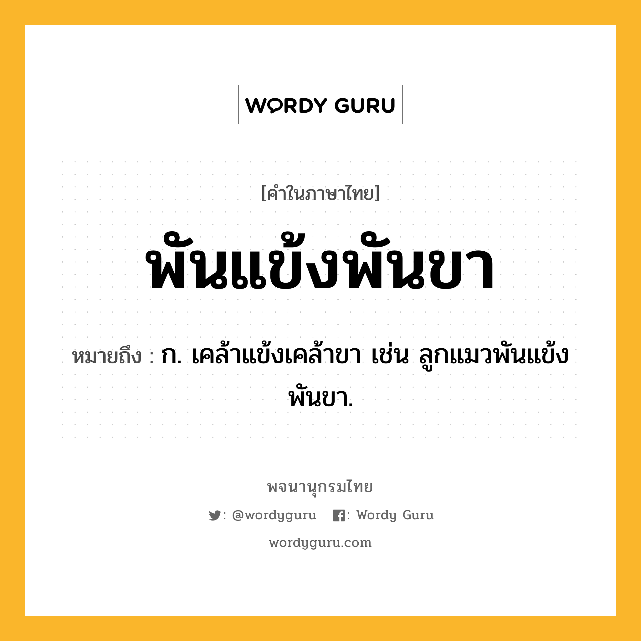 พันแข้งพันขา ความหมาย หมายถึงอะไร?, คำในภาษาไทย พันแข้งพันขา หมายถึง ก. เคล้าแข้งเคล้าขา เช่น ลูกแมวพันแข้งพันขา.