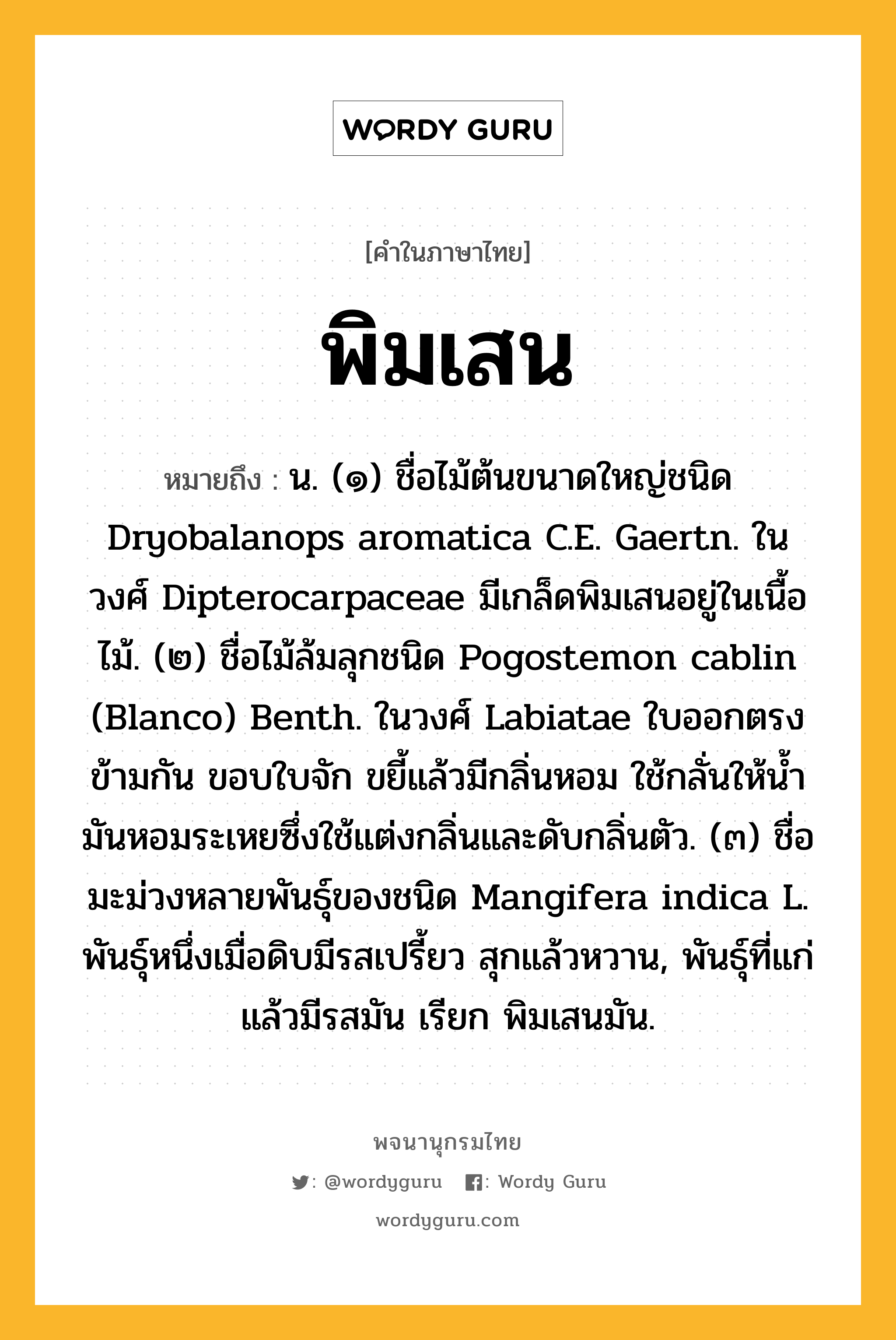 พิมเสน ความหมาย หมายถึงอะไร?, คำในภาษาไทย พิมเสน หมายถึง น. (๑) ชื่อไม้ต้นขนาดใหญ่ชนิด Dryobalanops aromatica C.E. Gaertn. ในวงศ์ Dipterocarpaceae มีเกล็ดพิมเสนอยู่ในเนื้อไม้. (๒) ชื่อไม้ล้มลุกชนิด Pogostemon cablin (Blanco) Benth. ในวงศ์ Labiatae ใบออกตรงข้ามกัน ขอบใบจัก ขยี้แล้วมีกลิ่นหอม ใช้กลั่นให้นํ้ามันหอมระเหยซึ่งใช้แต่งกลิ่นและดับกลิ่นตัว. (๓) ชื่อมะม่วงหลายพันธุ์ของชนิด Mangifera indica L. พันธุ์หนึ่งเมื่อดิบมีรสเปรี้ยว สุกแล้วหวาน, พันธุ์ที่แก่แล้วมีรสมัน เรียก พิมเสนมัน.