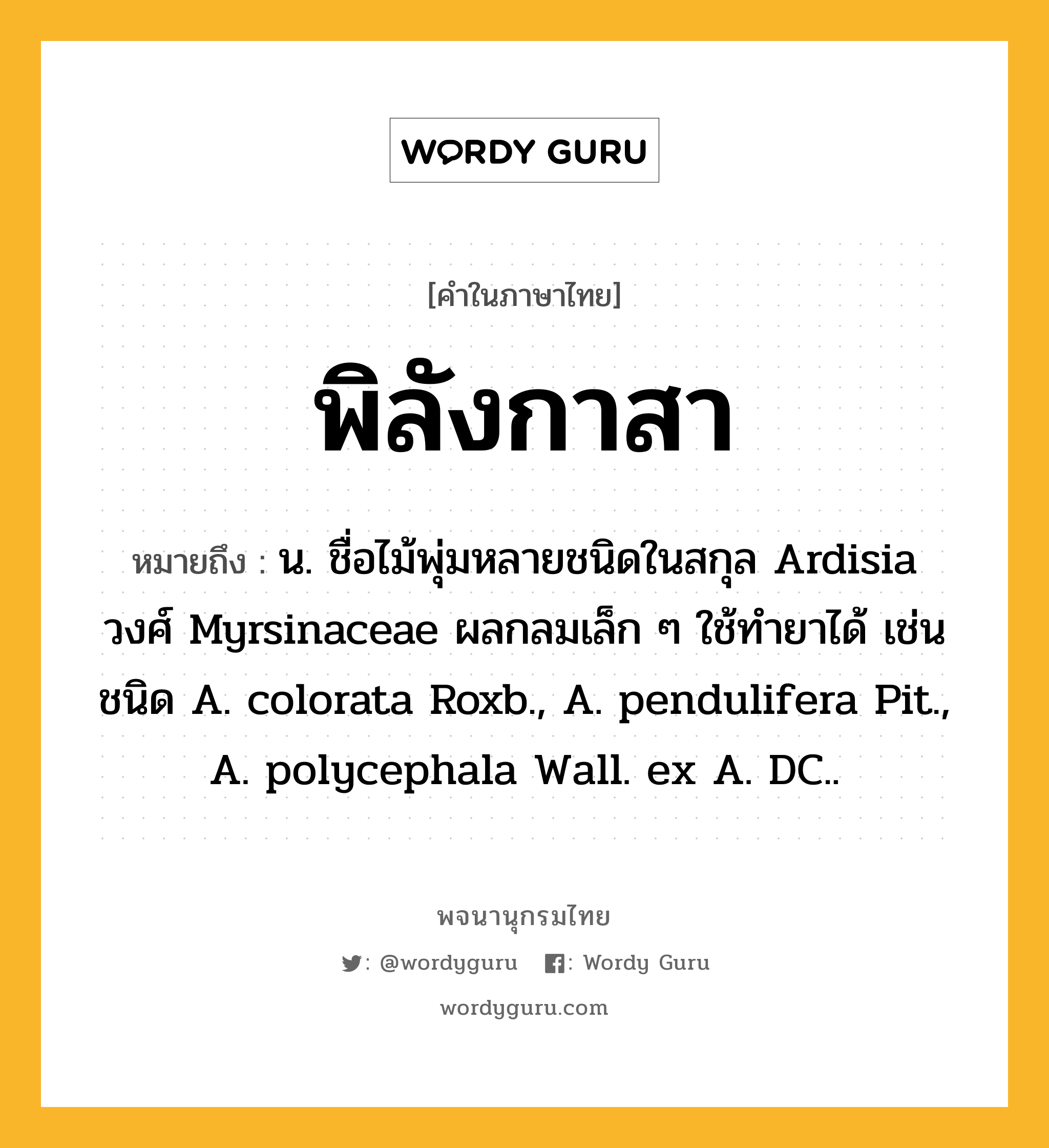 พิลังกาสา ความหมาย หมายถึงอะไร?, คำในภาษาไทย พิลังกาสา หมายถึง น. ชื่อไม้พุ่มหลายชนิดในสกุล Ardisia วงศ์ Myrsinaceae ผลกลมเล็ก ๆ ใช้ทํายาได้ เช่น ชนิด A. colorata Roxb., A. pendulifera Pit., A. polycephala Wall. ex A. DC..