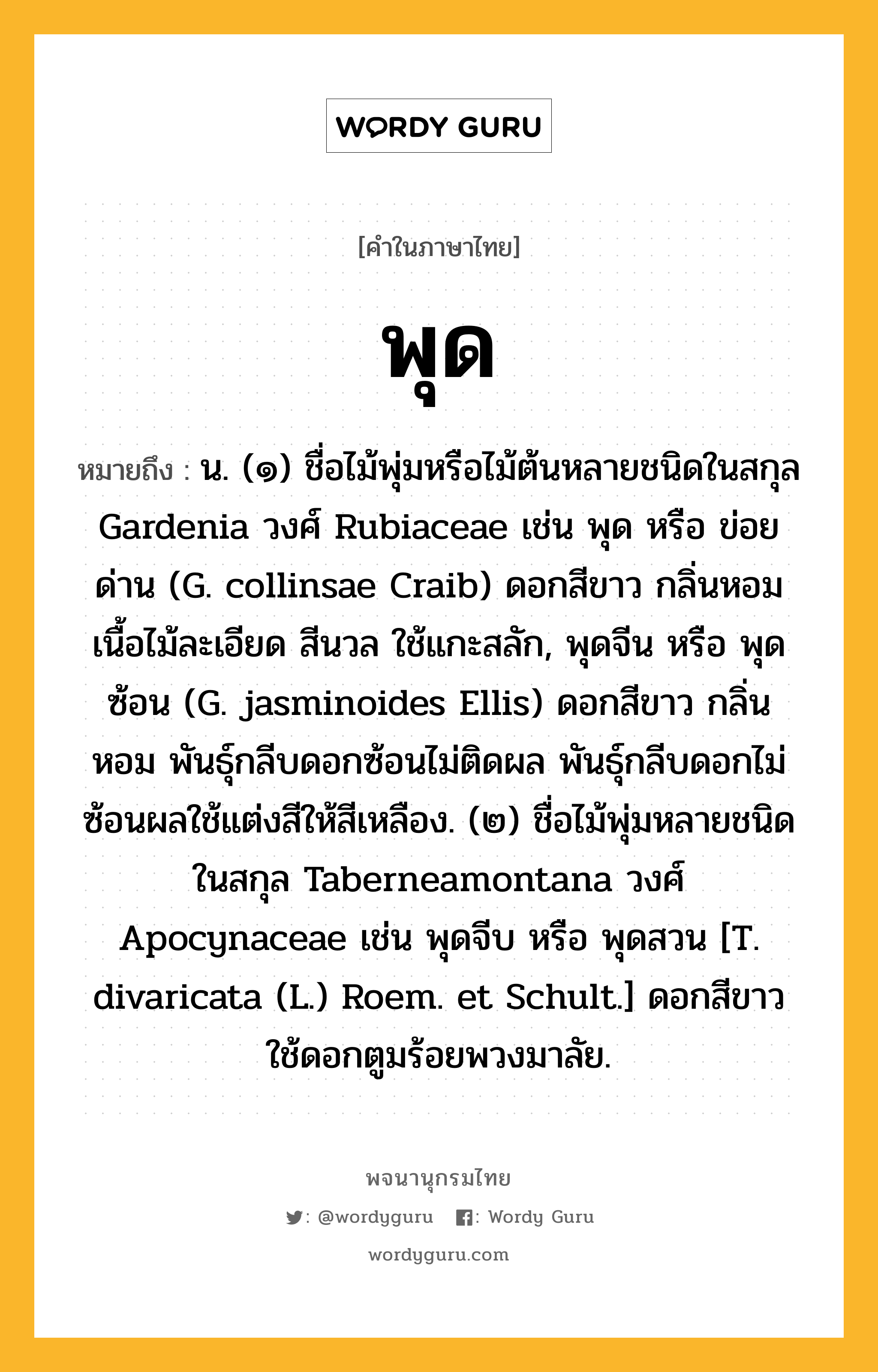 พุด ความหมาย หมายถึงอะไร?, คำในภาษาไทย พุด หมายถึง น. (๑) ชื่อไม้พุ่มหรือไม้ต้นหลายชนิดในสกุล Gardenia วงศ์ Rubiaceae เช่น พุด หรือ ข่อยด่าน (G. collinsae Craib) ดอกสีขาว กลิ่นหอม เนื้อไม้ละเอียด สีนวล ใช้แกะสลัก, พุดจีน หรือ พุดซ้อน (G. jasminoides Ellis) ดอกสีขาว กลิ่นหอม พันธุ์กลีบดอกซ้อนไม่ติดผล พันธุ์กลีบดอกไม่ซ้อนผลใช้แต่งสีให้สีเหลือง. (๒) ชื่อไม้พุ่มหลายชนิดในสกุล Taberneamontana วงศ์ Apocynaceae เช่น พุดจีบ หรือ พุดสวน [T. divaricata (L.) Roem. et Schult.] ดอกสีขาว ใช้ดอกตูมร้อยพวงมาลัย.