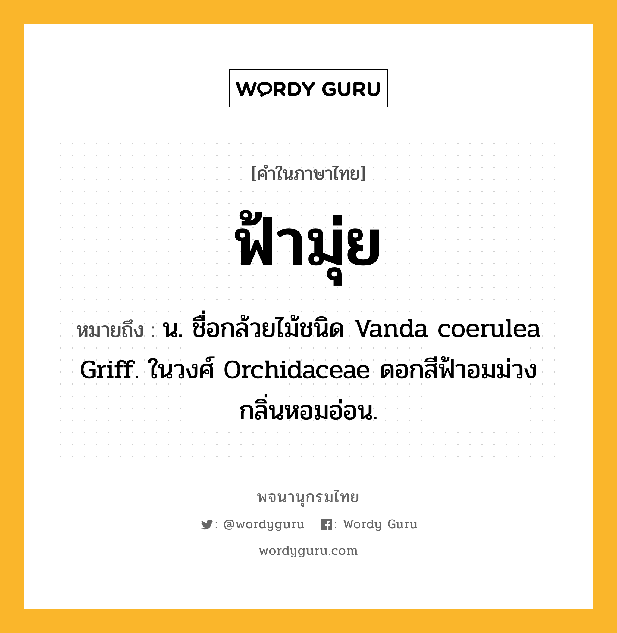 ฟ้ามุ่ย ความหมาย หมายถึงอะไร?, คำในภาษาไทย ฟ้ามุ่ย หมายถึง น. ชื่อกล้วยไม้ชนิด Vanda coerulea Griff. ในวงศ์ Orchidaceae ดอกสีฟ้าอมม่วง กลิ่นหอมอ่อน.