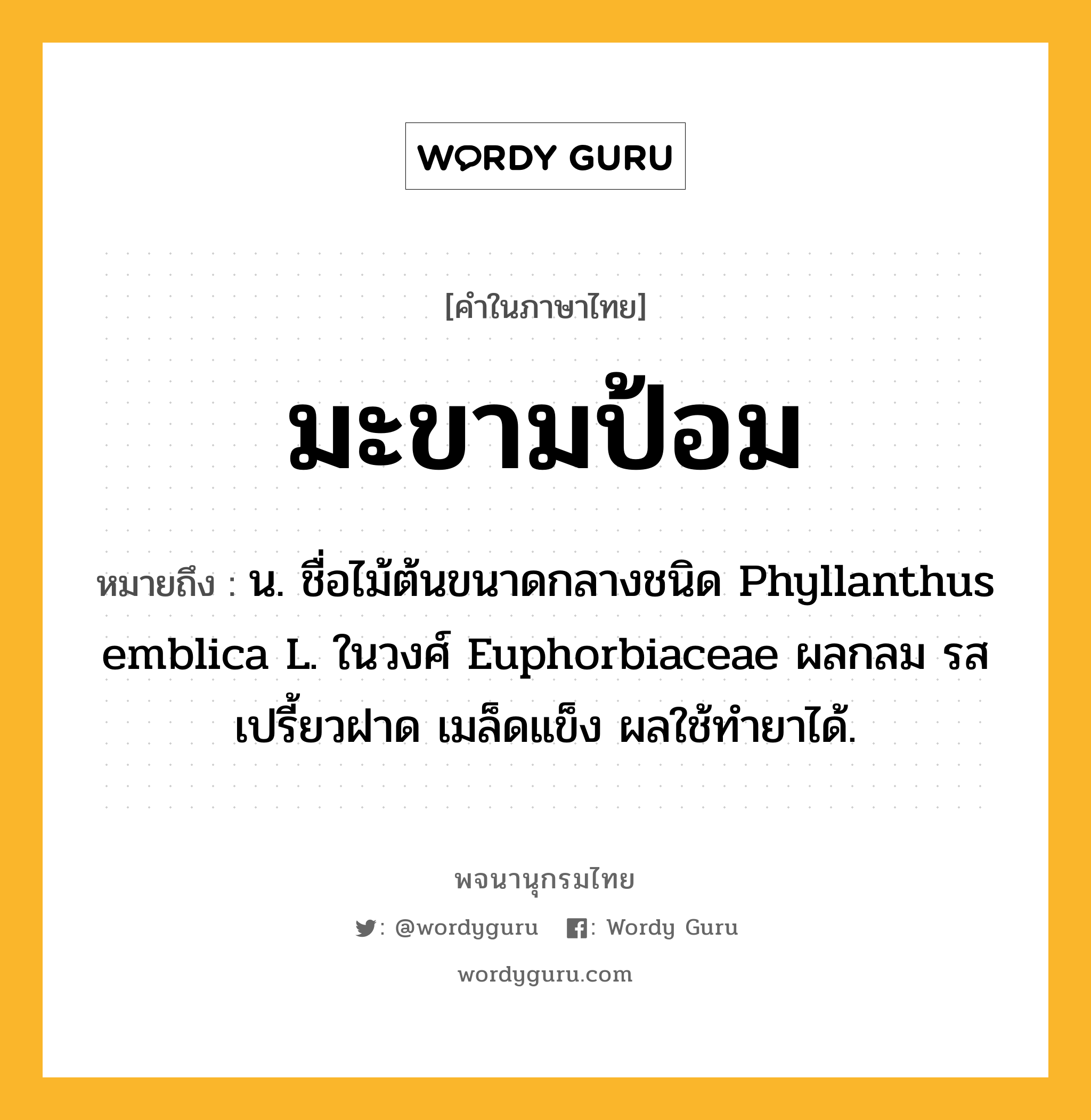 มะขามป้อม ความหมาย หมายถึงอะไร?, คำในภาษาไทย มะขามป้อม หมายถึง น. ชื่อไม้ต้นขนาดกลางชนิด Phyllanthus emblica L. ในวงศ์ Euphorbiaceae ผลกลม รสเปรี้ยวฝาด เมล็ดแข็ง ผลใช้ทํายาได้.