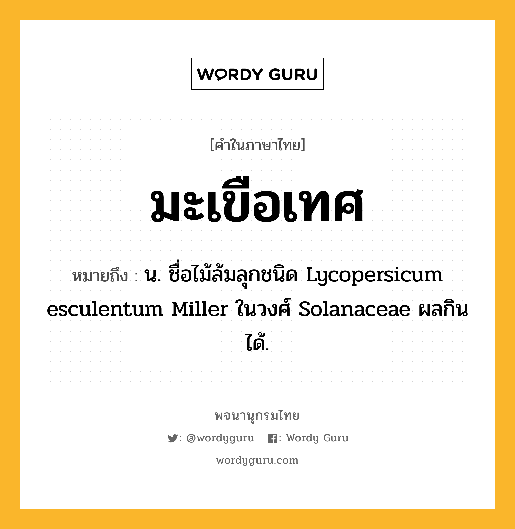 มะเขือเทศ ความหมาย หมายถึงอะไร?, คำในภาษาไทย มะเขือเทศ หมายถึง น. ชื่อไม้ล้มลุกชนิด Lycopersicum esculentum Miller ในวงศ์ Solanaceae ผลกินได้.