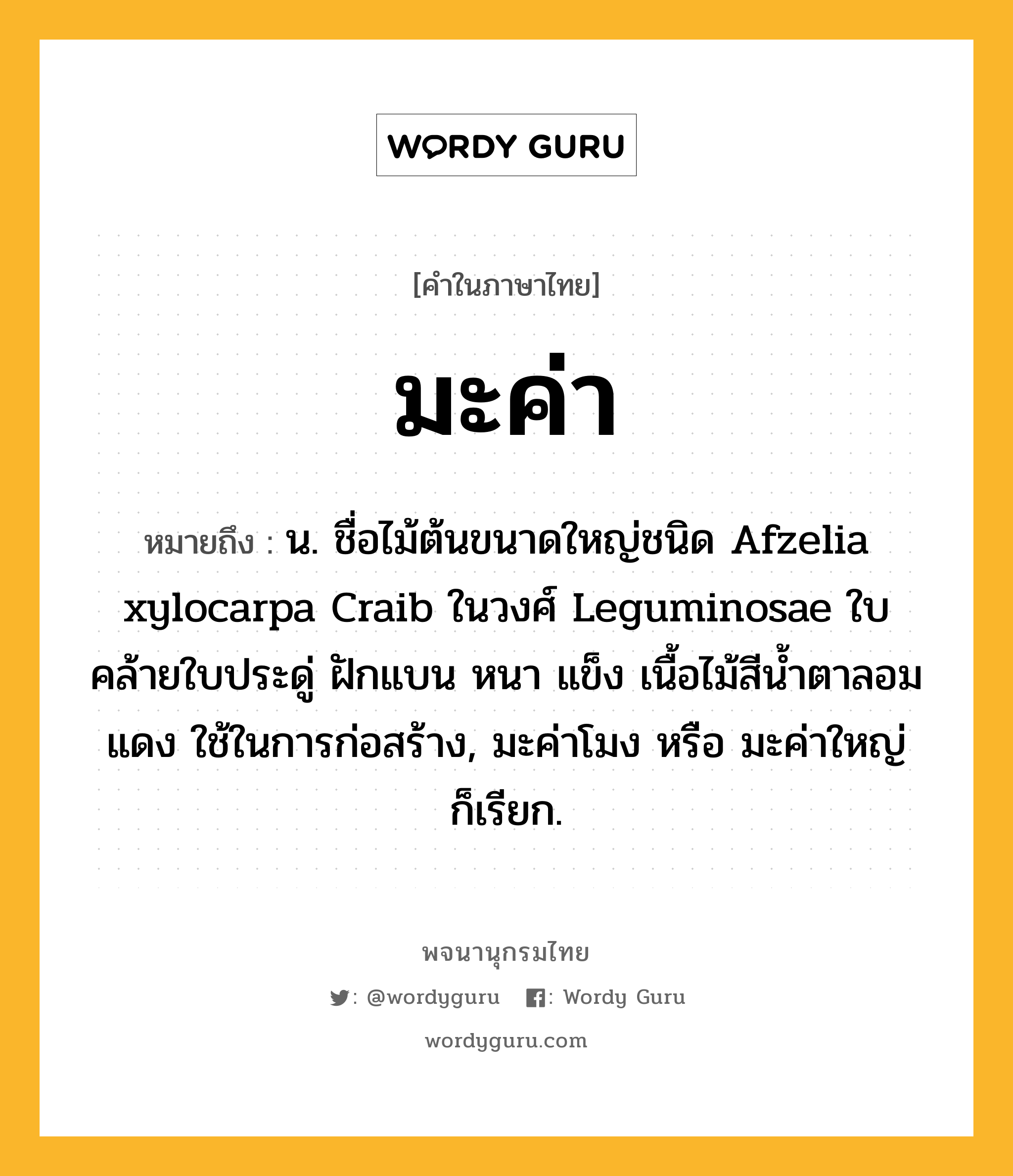 มะค่า ความหมาย หมายถึงอะไร?, คำในภาษาไทย มะค่า หมายถึง น. ชื่อไม้ต้นขนาดใหญ่ชนิด Afzelia xylocarpa Craib ในวงศ์ Leguminosae ใบคล้ายใบประดู่ ฝักแบน หนา แข็ง เนื้อไม้สีนํ้าตาลอมแดง ใช้ในการก่อสร้าง, มะค่าโมง หรือ มะค่าใหญ่ ก็เรียก.