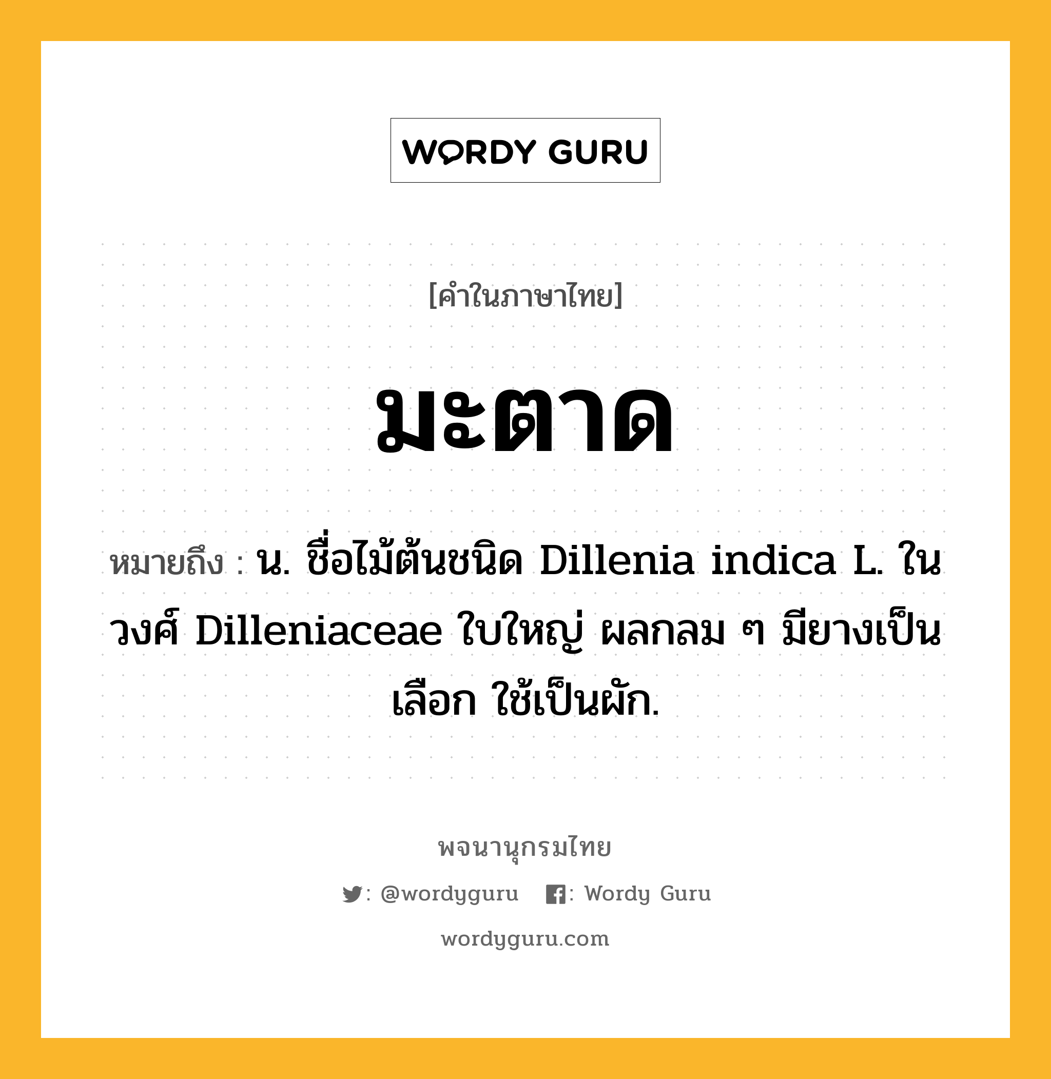 มะตาด ความหมาย หมายถึงอะไร?, คำในภาษาไทย มะตาด หมายถึง น. ชื่อไม้ต้นชนิด Dillenia indica L. ในวงศ์ Dilleniaceae ใบใหญ่ ผลกลม ๆ มียางเป็นเลือก ใช้เป็นผัก.