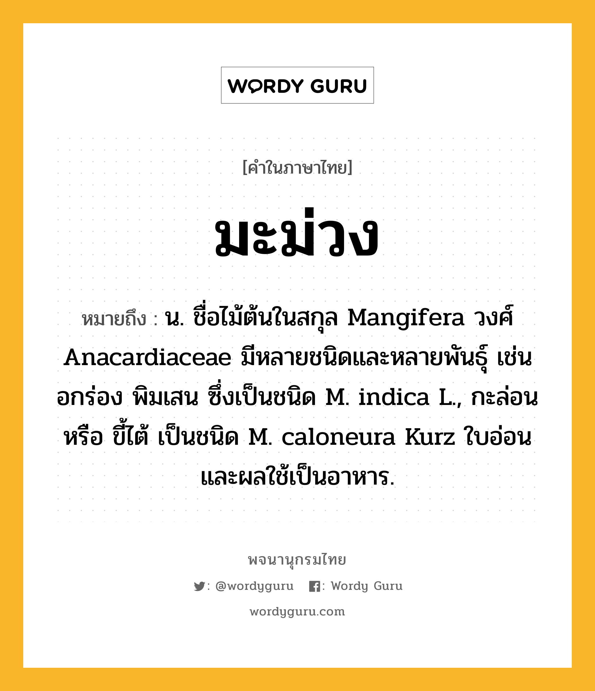 มะม่วง ความหมาย หมายถึงอะไร?, คำในภาษาไทย มะม่วง หมายถึง น. ชื่อไม้ต้นในสกุล Mangifera วงศ์ Anacardiaceae มีหลายชนิดและหลายพันธุ์ เช่น อกร่อง พิมเสน ซึ่งเป็นชนิด M. indica L., กะล่อน หรือ ขี้ไต้ เป็นชนิด M. caloneura Kurz ใบอ่อนและผลใช้เป็นอาหาร.