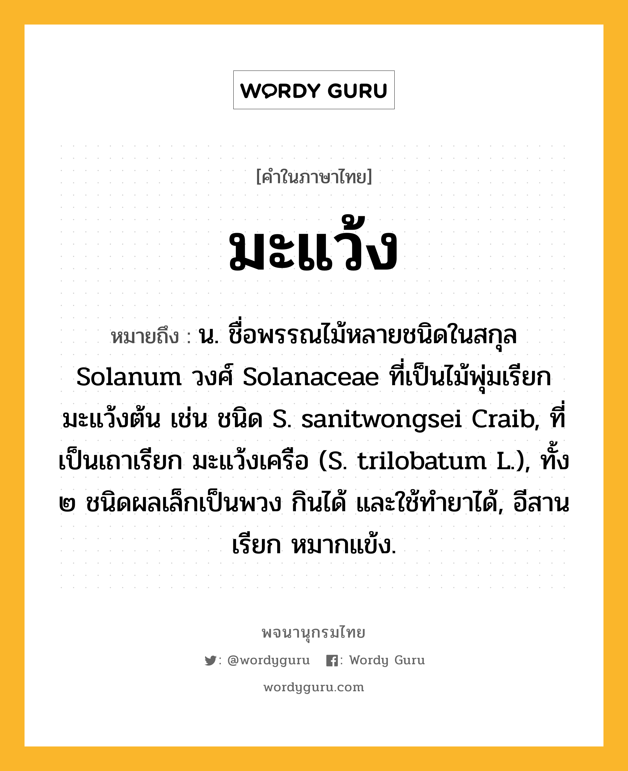 มะแว้ง ความหมาย หมายถึงอะไร?, คำในภาษาไทย มะแว้ง หมายถึง น. ชื่อพรรณไม้หลายชนิดในสกุล Solanum วงศ์ Solanaceae ที่เป็นไม้พุ่มเรียก มะแว้งต้น เช่น ชนิด S. sanitwongsei Craib, ที่เป็นเถาเรียก มะแว้งเครือ (S. trilobatum L.), ทั้ง ๒ ชนิดผลเล็กเป็นพวง กินได้ และใช้ทํายาได้, อีสานเรียก หมากแข้ง.