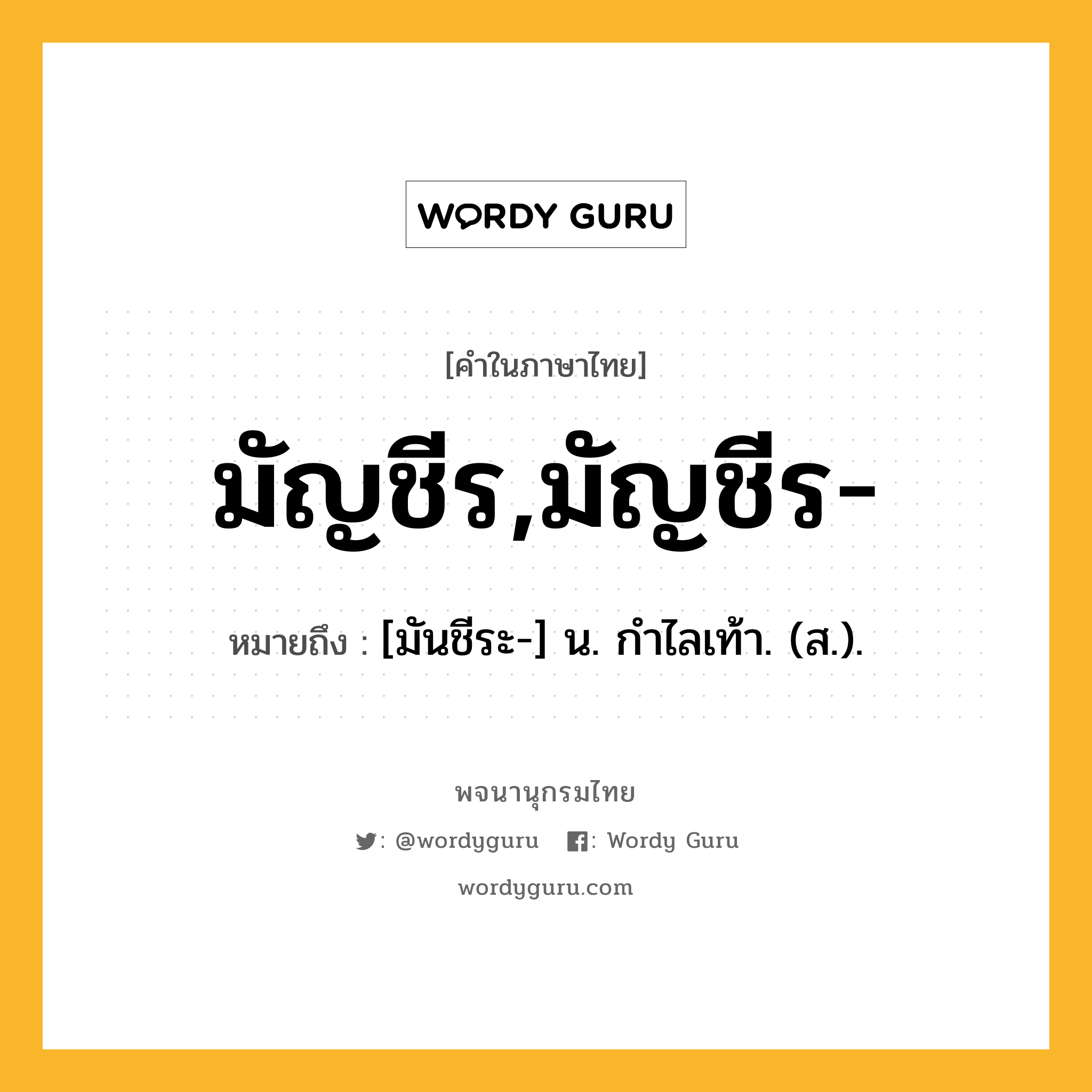 มัญชีร,มัญชีร- ความหมาย หมายถึงอะไร?, คำในภาษาไทย มัญชีร,มัญชีร- หมายถึง [มันชีระ-] น. กําไลเท้า. (ส.).