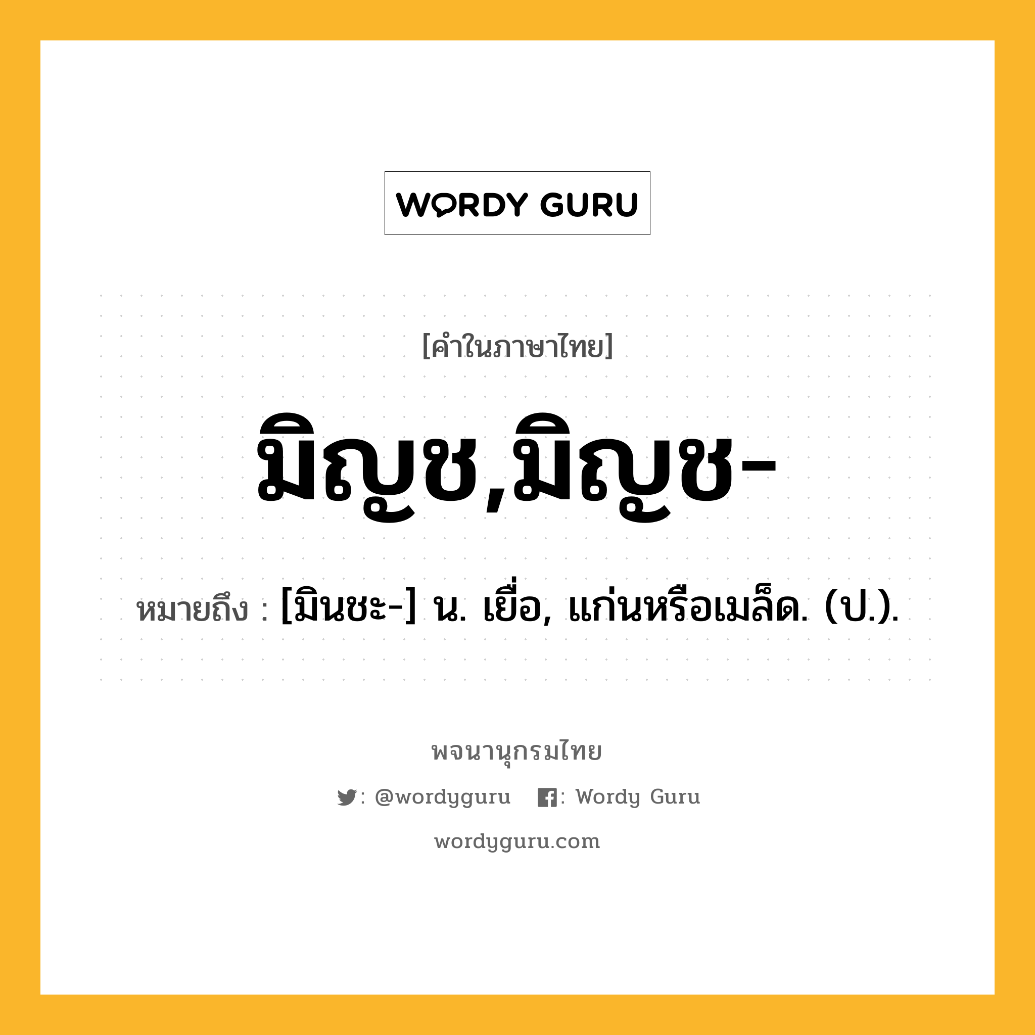 มิญช,มิญช- ความหมาย หมายถึงอะไร?, คำในภาษาไทย มิญช,มิญช- หมายถึง [มินชะ-] น. เยื่อ, แก่นหรือเมล็ด. (ป.).