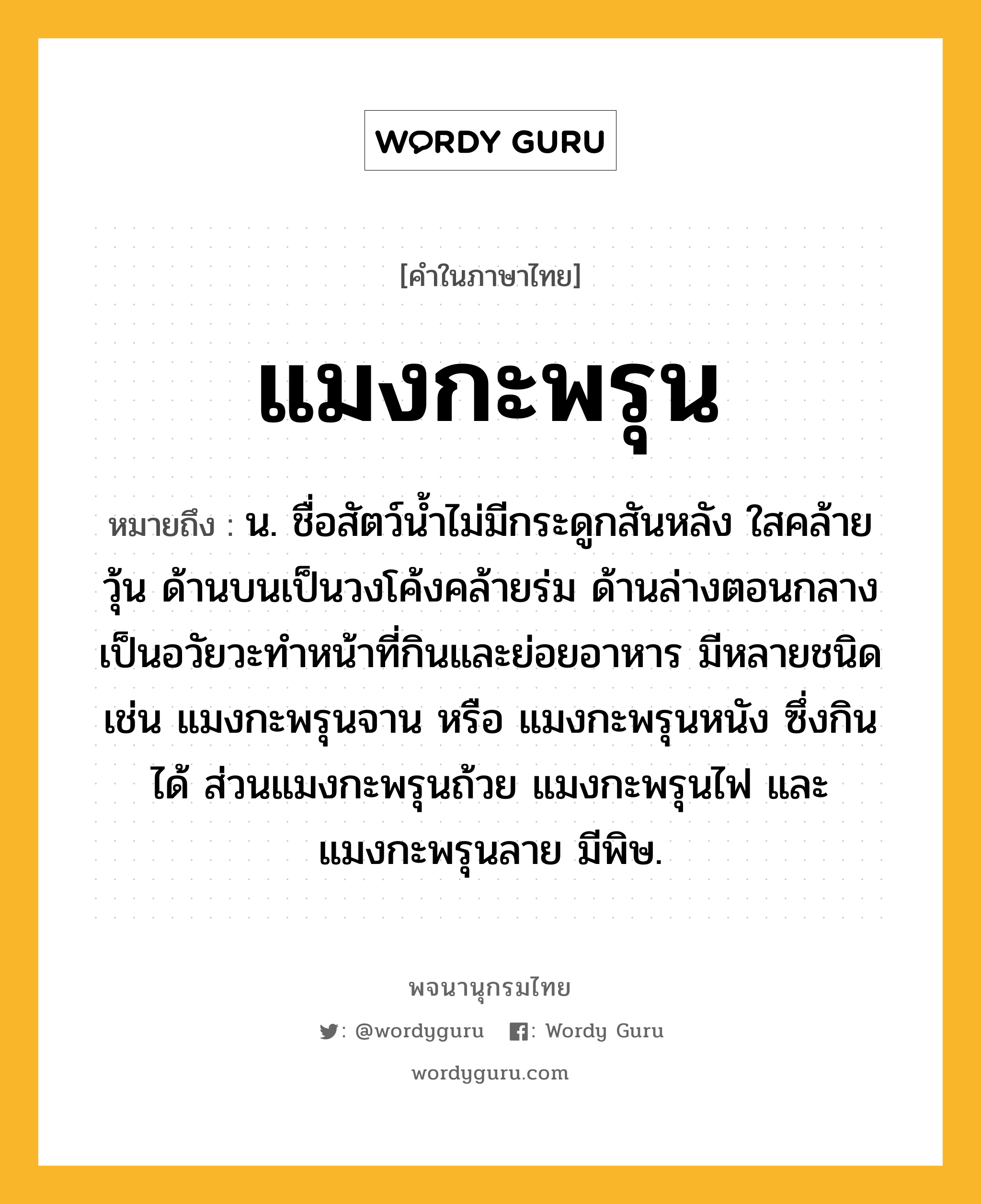 แมงกะพรุน ความหมาย หมายถึงอะไร?, คำในภาษาไทย แมงกะพรุน หมายถึง น. ชื่อสัตว์นํ้าไม่มีกระดูกสันหลัง ใสคล้ายวุ้น ด้านบนเป็นวงโค้งคล้ายร่ม ด้านล่างตอนกลางเป็นอวัยวะทําหน้าที่กินและย่อยอาหาร มีหลายชนิด เช่น แมงกะพรุนจาน หรือ แมงกะพรุนหนัง ซึ่งกินได้ ส่วนแมงกะพรุนถ้วย แมงกะพรุนไฟ และแมงกะพรุนลาย มีพิษ.